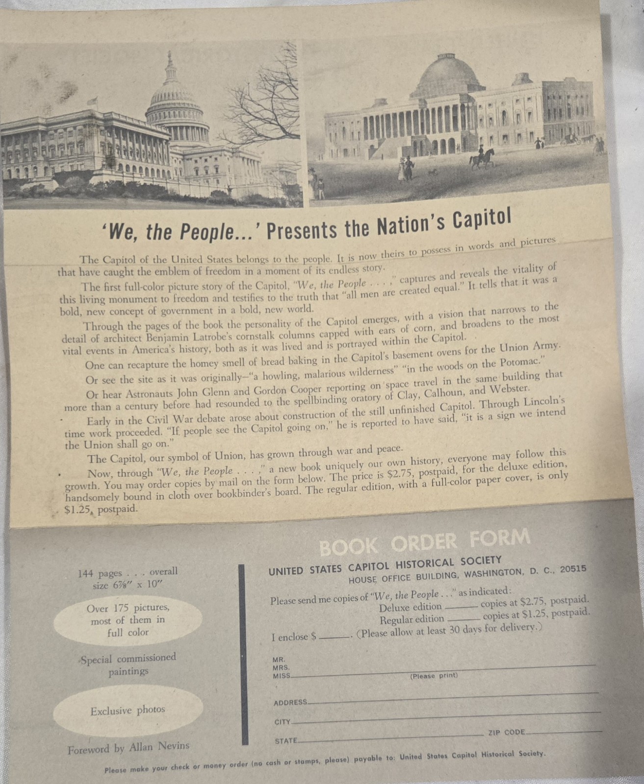 Vintage United States Capitol Historical Society Membership & Book Order...