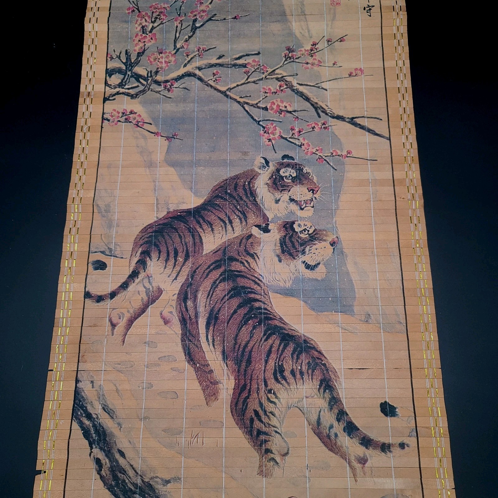 Vintage Chinese Bamboo Wall Hanging Tigers In Snow Cherry Tree Mcm Signed Art 35