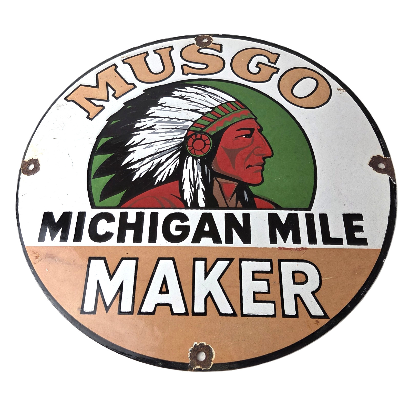 Vintage Musgo Gasoline Sign - Michigan Gas American Indian Chief Porcelain Sign