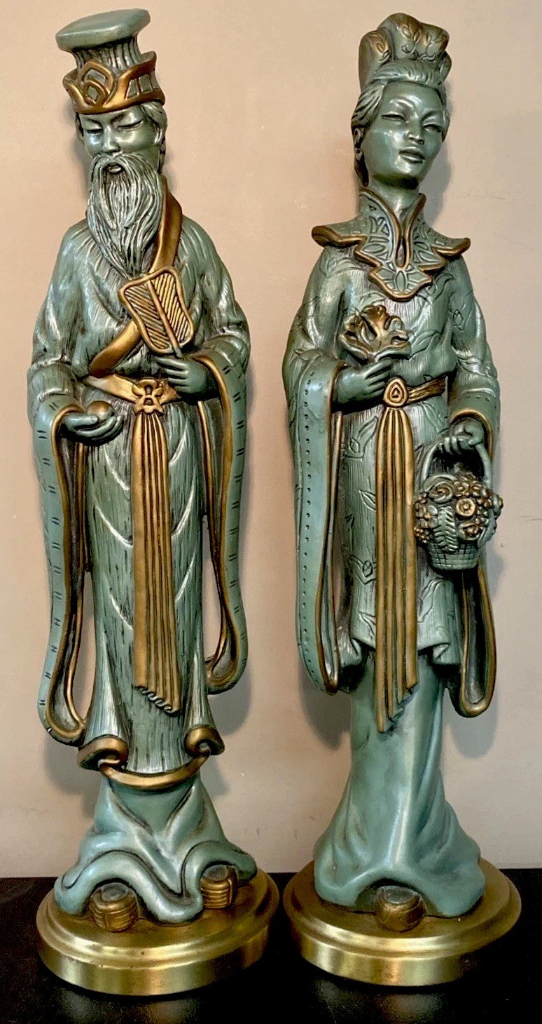 VTG Pair 1958 TALL 25” Asian Universal Statuary Figures 5541  Jade Color U.S.A.