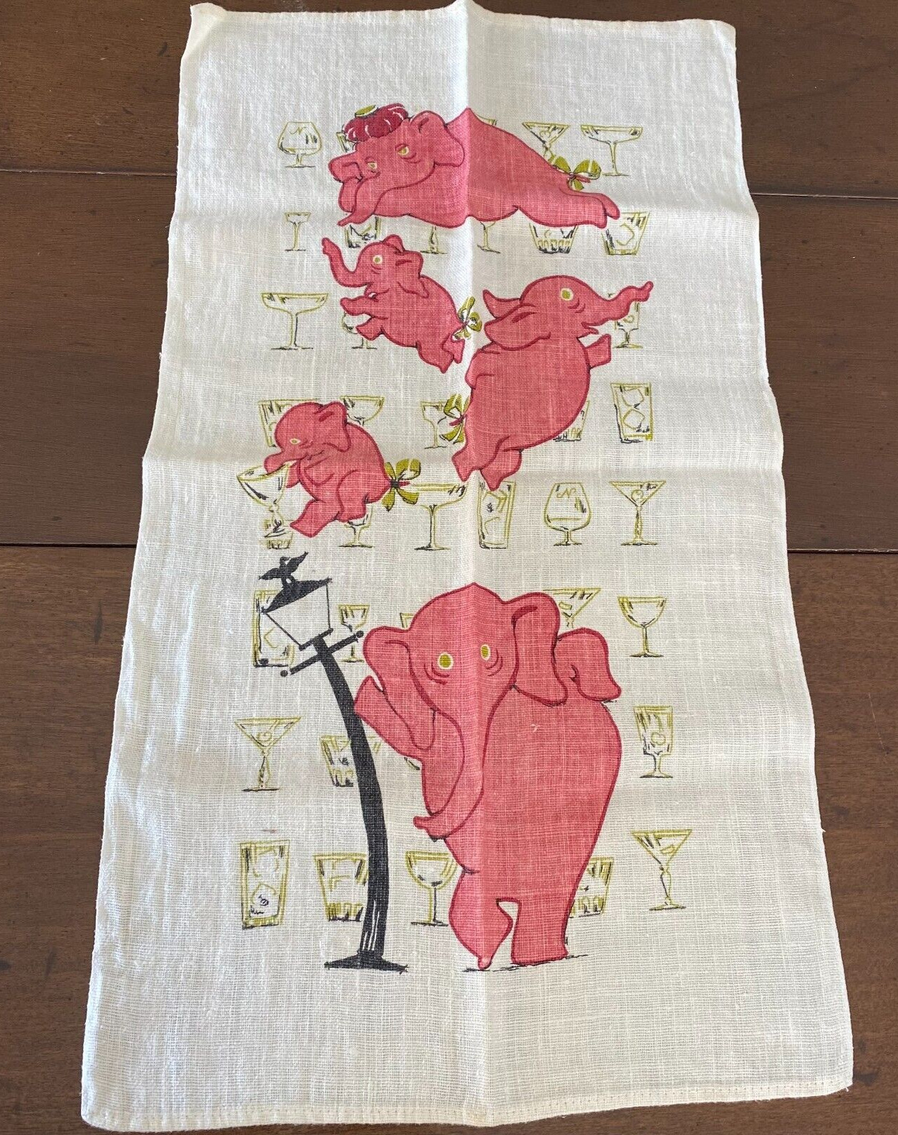 Vintage Pink Elephant Drunk On Lamp Post Cocktail Bar Print Tea Towel 29 x 8