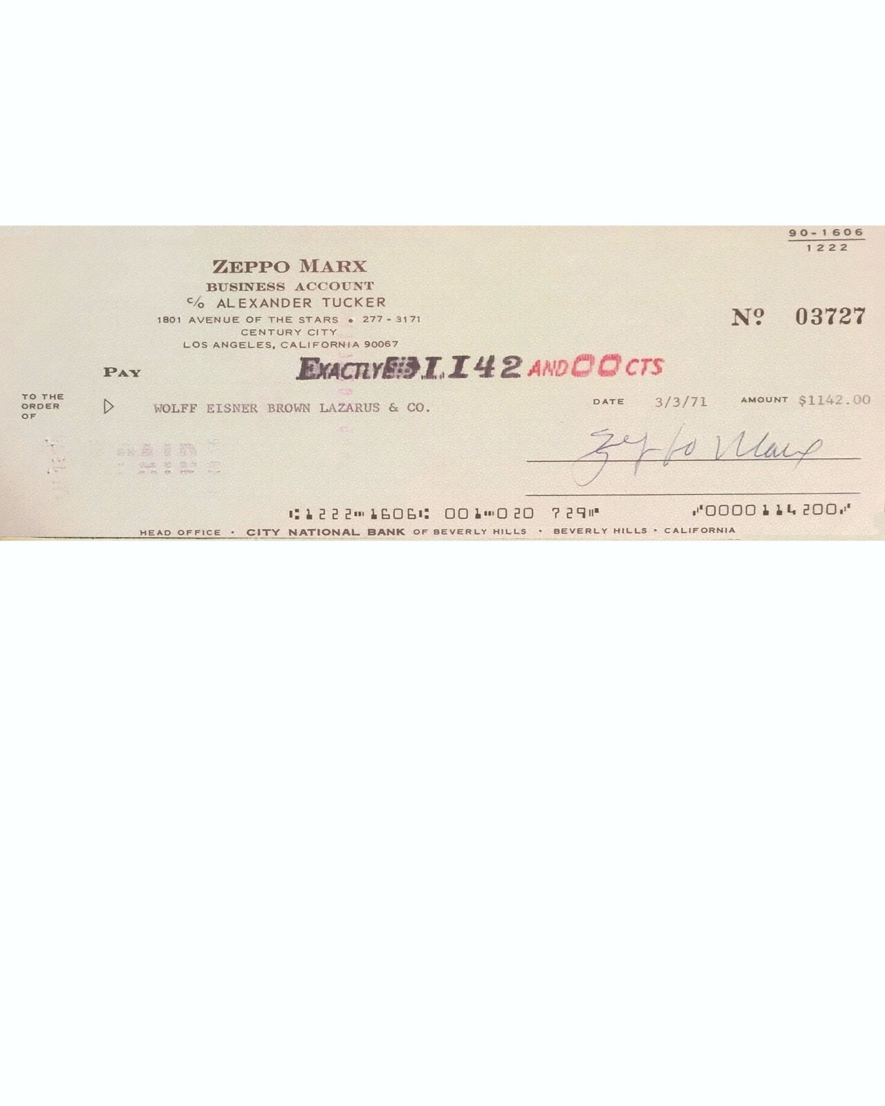 Zeppo Marx Reproduction Cancelled Check and 8 x 10 Photo 