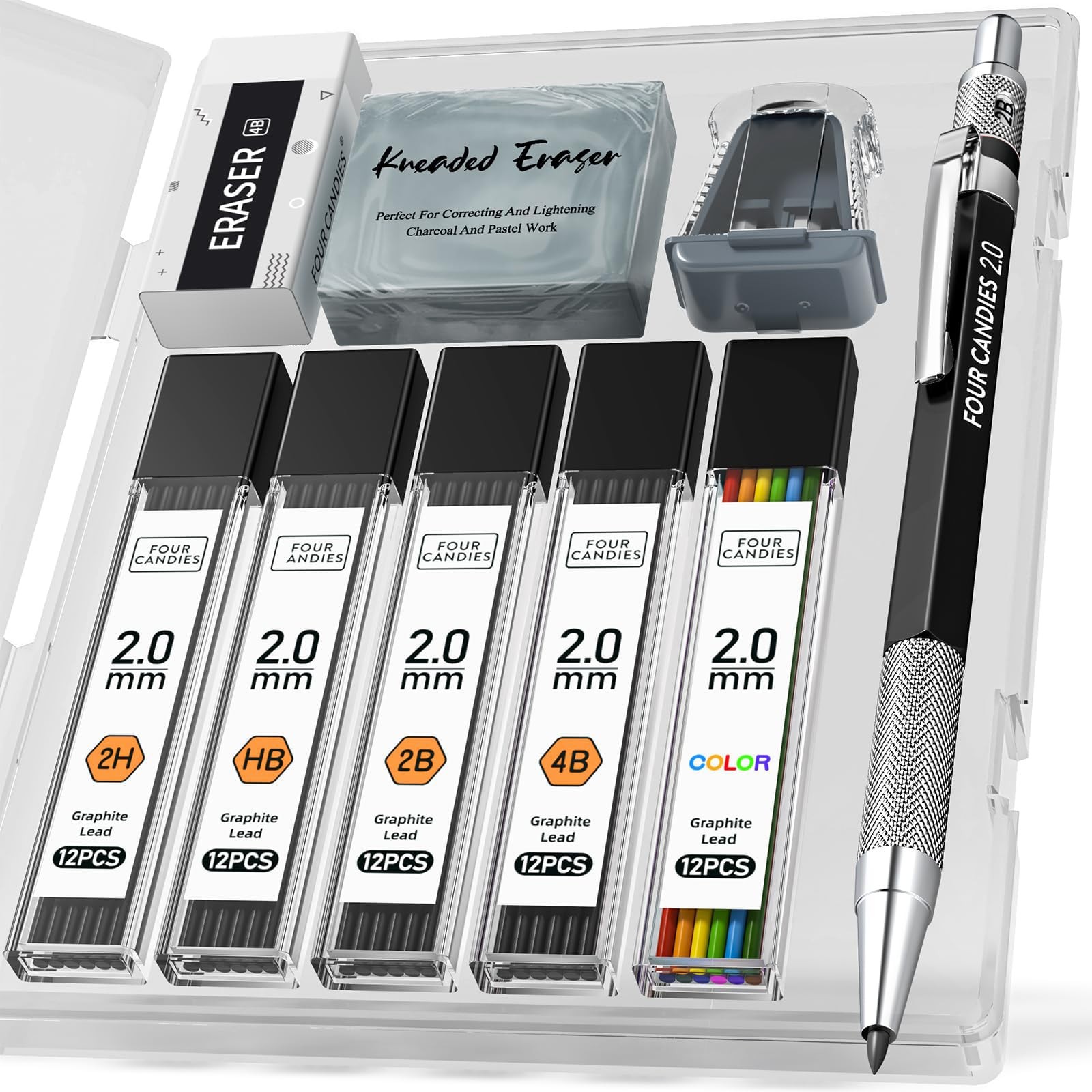 Four Candies 2MM Mechanical Pencil Set with case, Artist Led Pencil Metal Lead