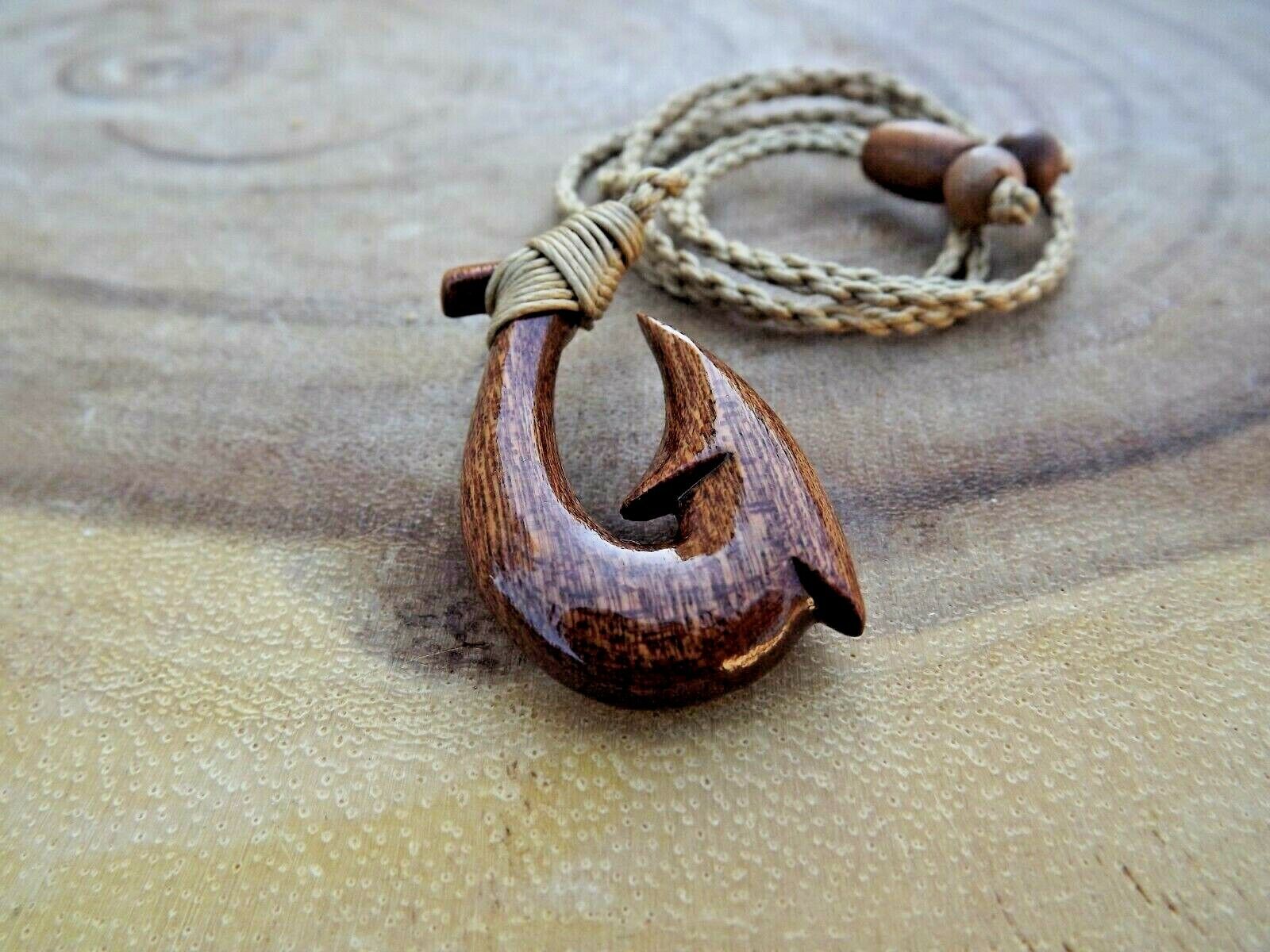 Koa Wood Carved Fish Hook Necklace Hawaiian Wood Hook Adjustable Cord Choker