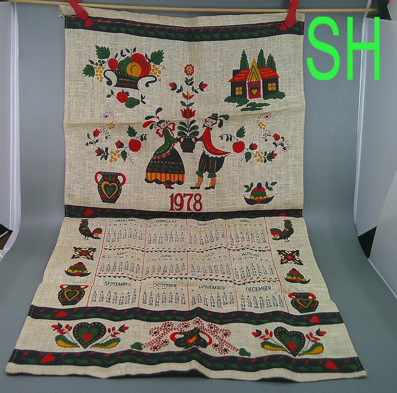 Vintage 1978 Linen Calendar Tea Towel Homestead Pennsylvania Dutch Tole Vase