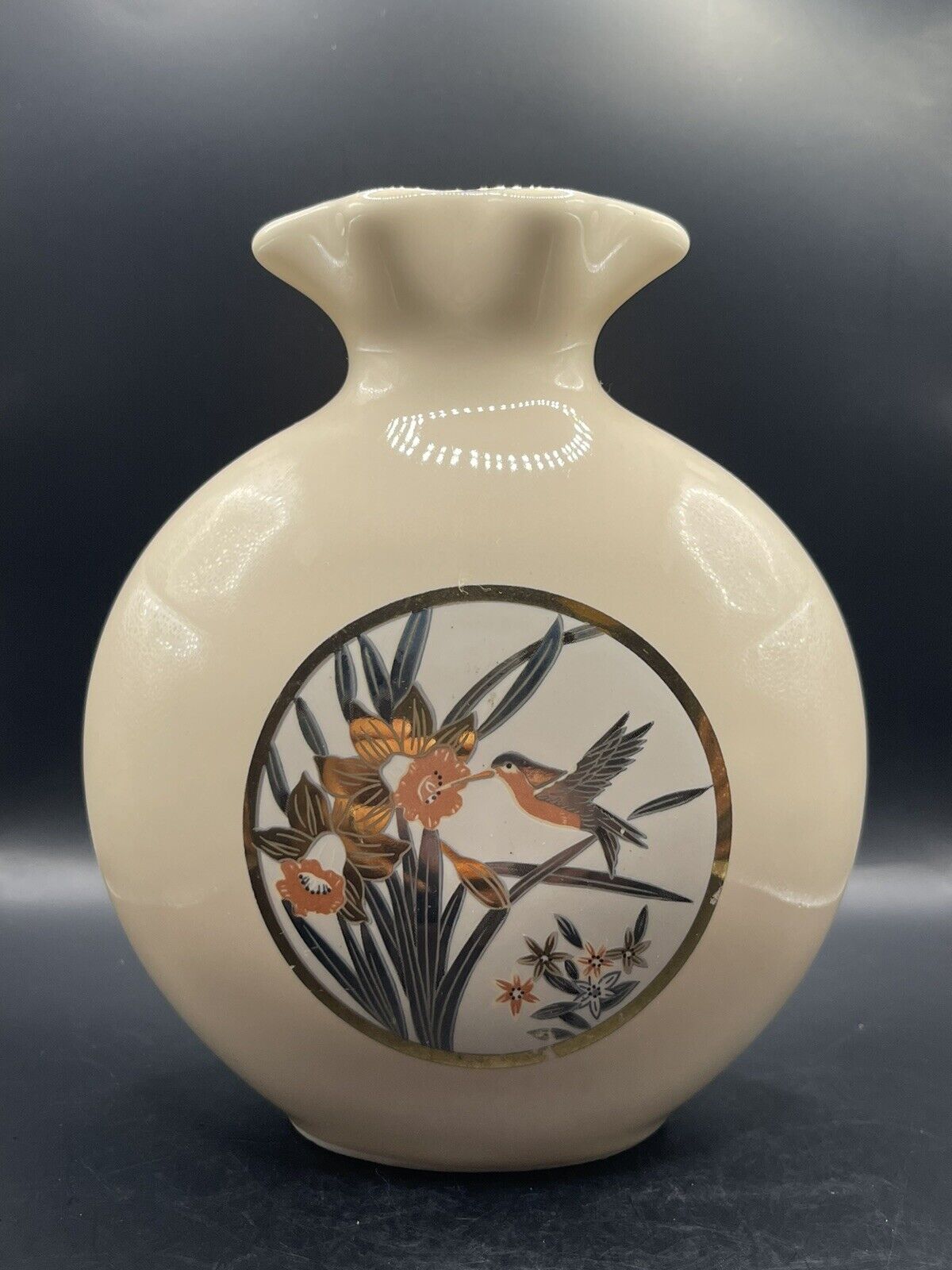 Japanese Hummingbird Vase Fine China/Porcelain Gold Accent Vintage