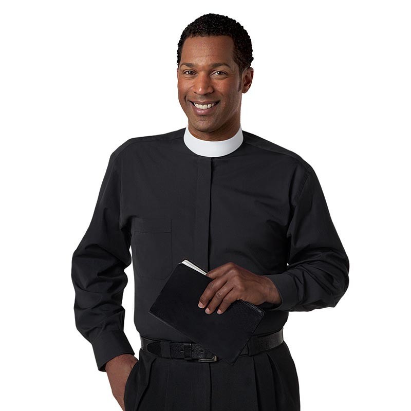 Polyester Long Sleeve Banded Collar Shirt Black 17.5 Inch Neck Clergy Apparel