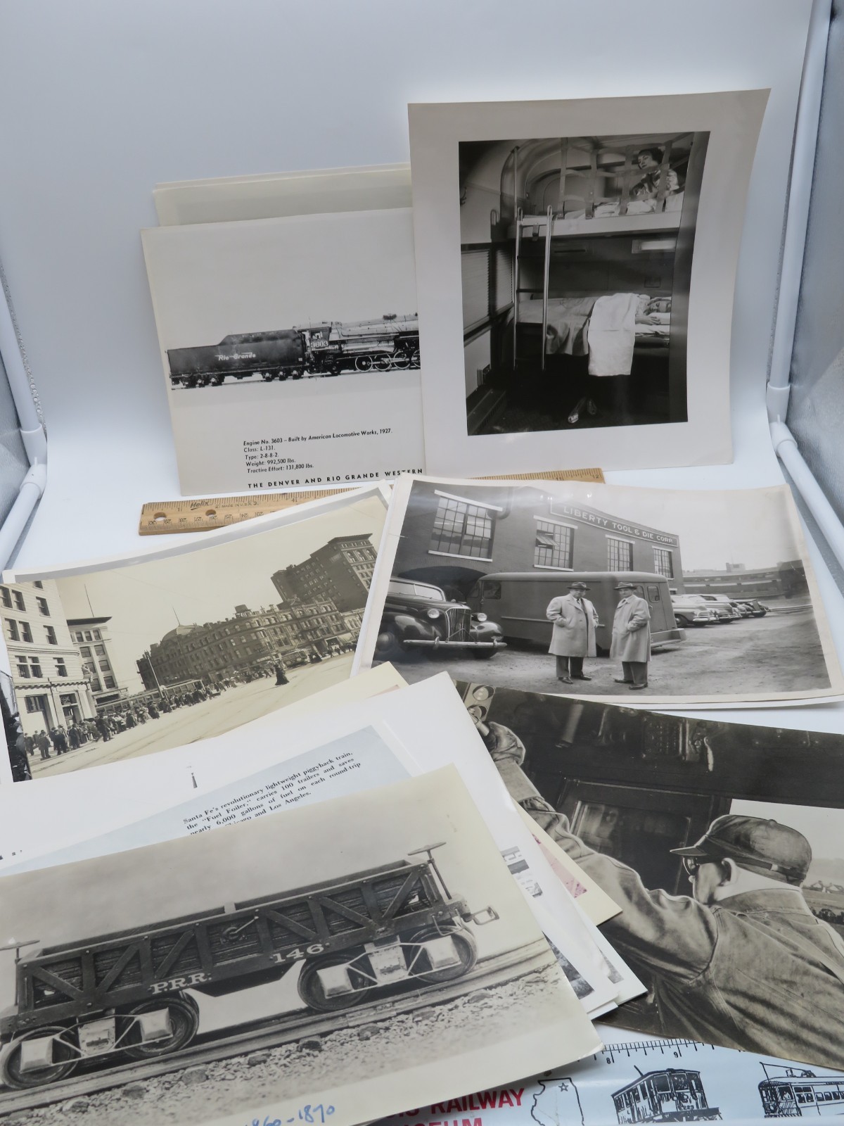 VTG Lot of 20 B&W Railroad Photos Engines People Advertisements from PRR & CBQ