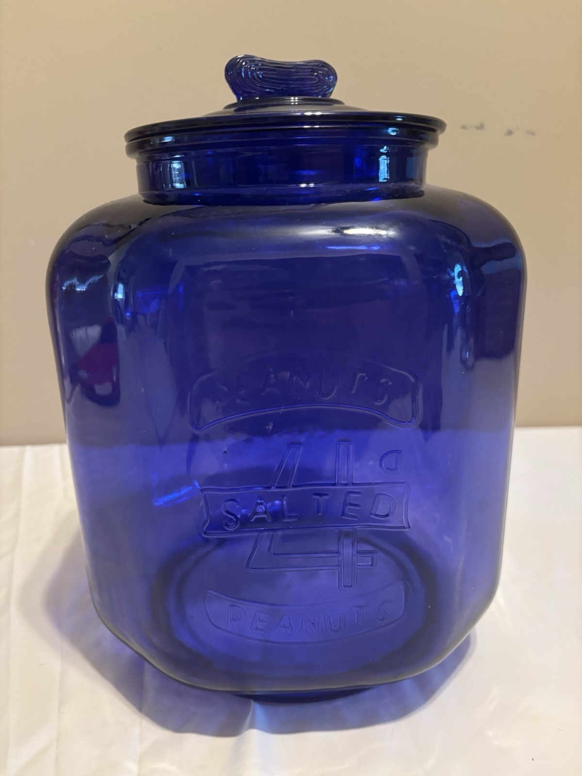Vintage Pennant Cobalt blue  Mr Peanut Planters Glass Jar with Peanut Lid 1950’s