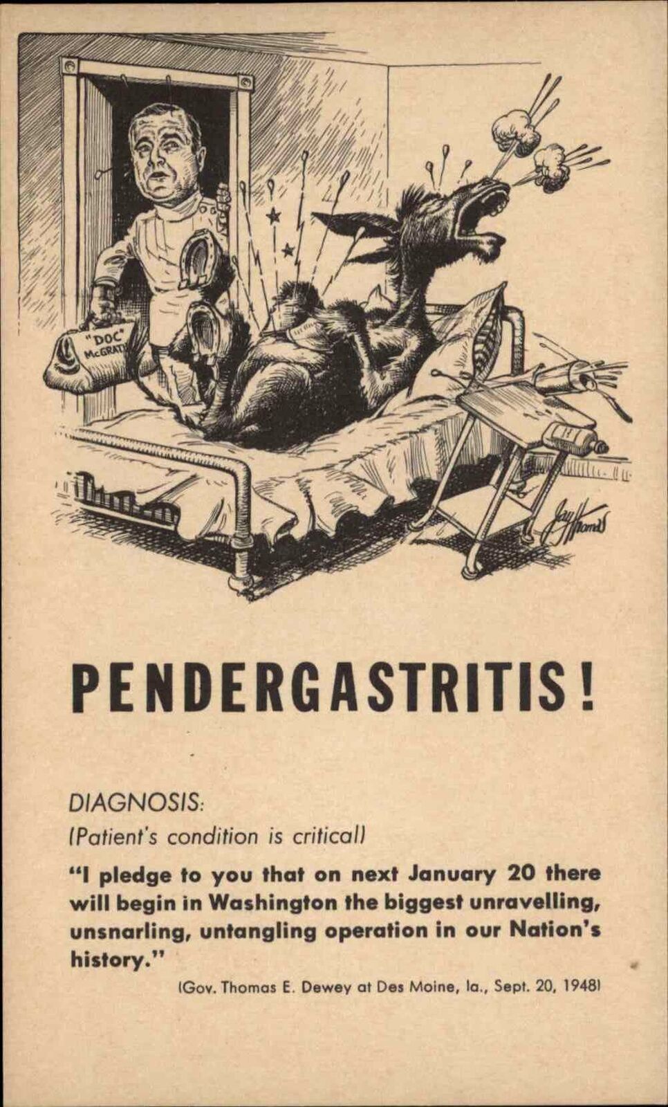Political Campaign Thomas Dewey Doc McGrath Sick Mule Pendergastritis Postcard