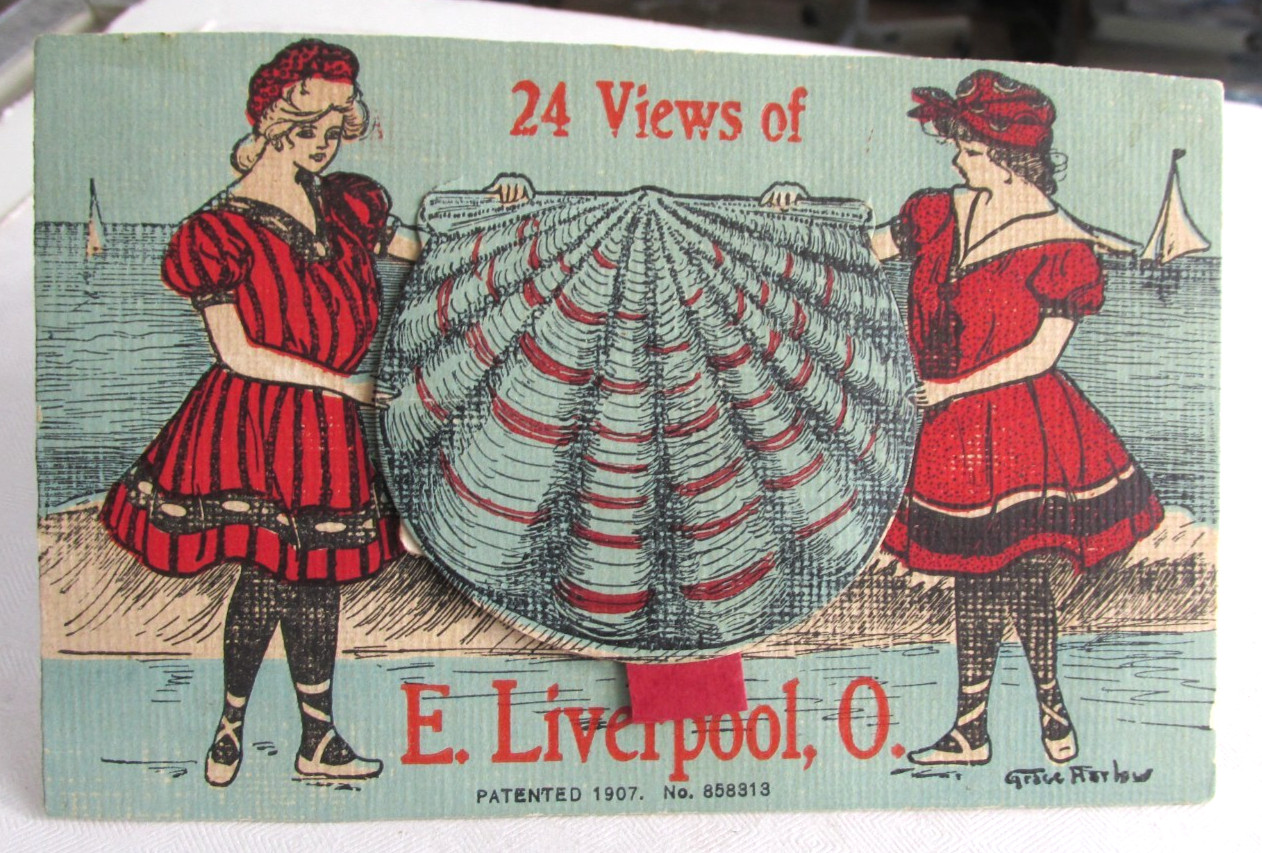 1907 EAST LIVERPOOL OHIO, 24 Folding Views Clam SHell Bathing Beauties Postcard