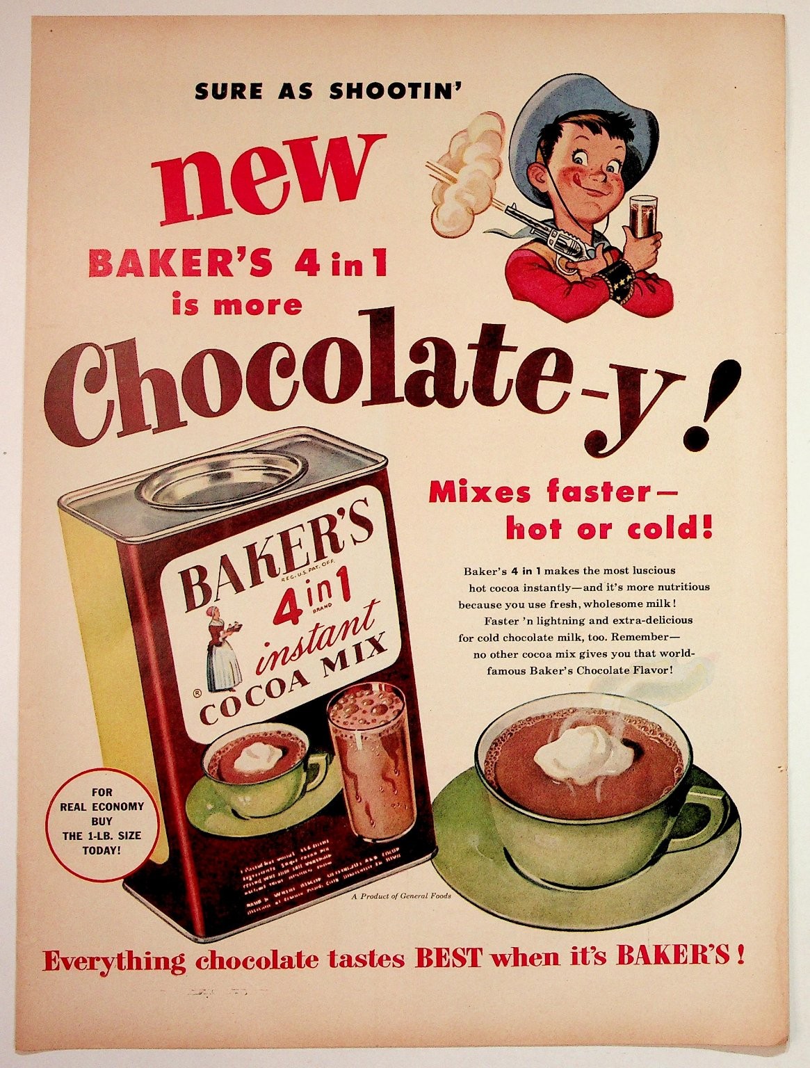Vintage Baker's 4 in 1 Instant Cocoa Mix Magazine Ad Cowboy Chocolate-y Vintage Baker's 4 in 1 Instant Cocoa Mix Magazine Ad Cowboy Chocolate-y