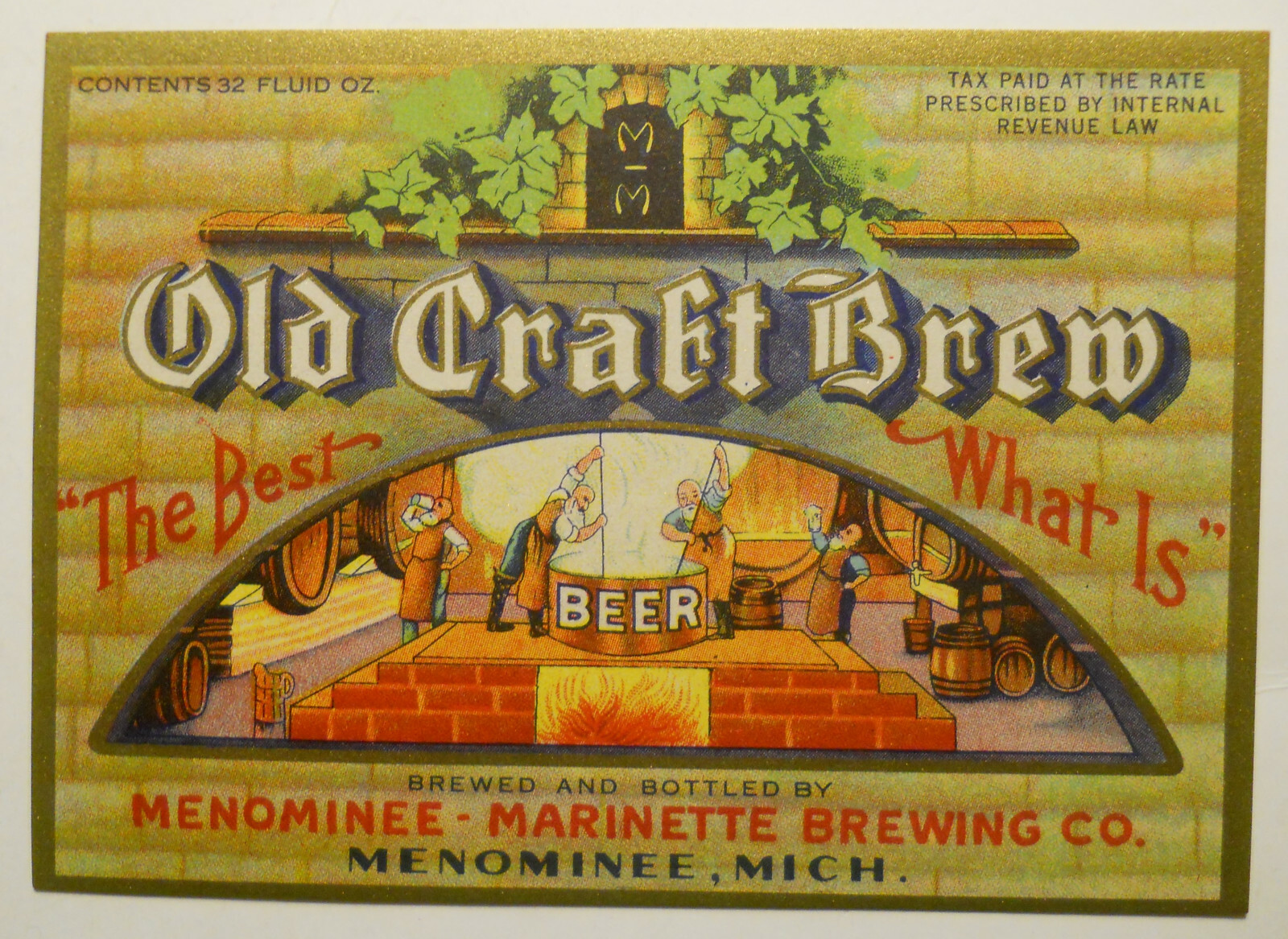 VIntage 1930's Old Craft Brew Beer (Menominee, Michigan) Bottle Label VIntage 1930's Old Craft Brew Beer (Menominee, Michigan) Bottle Label
