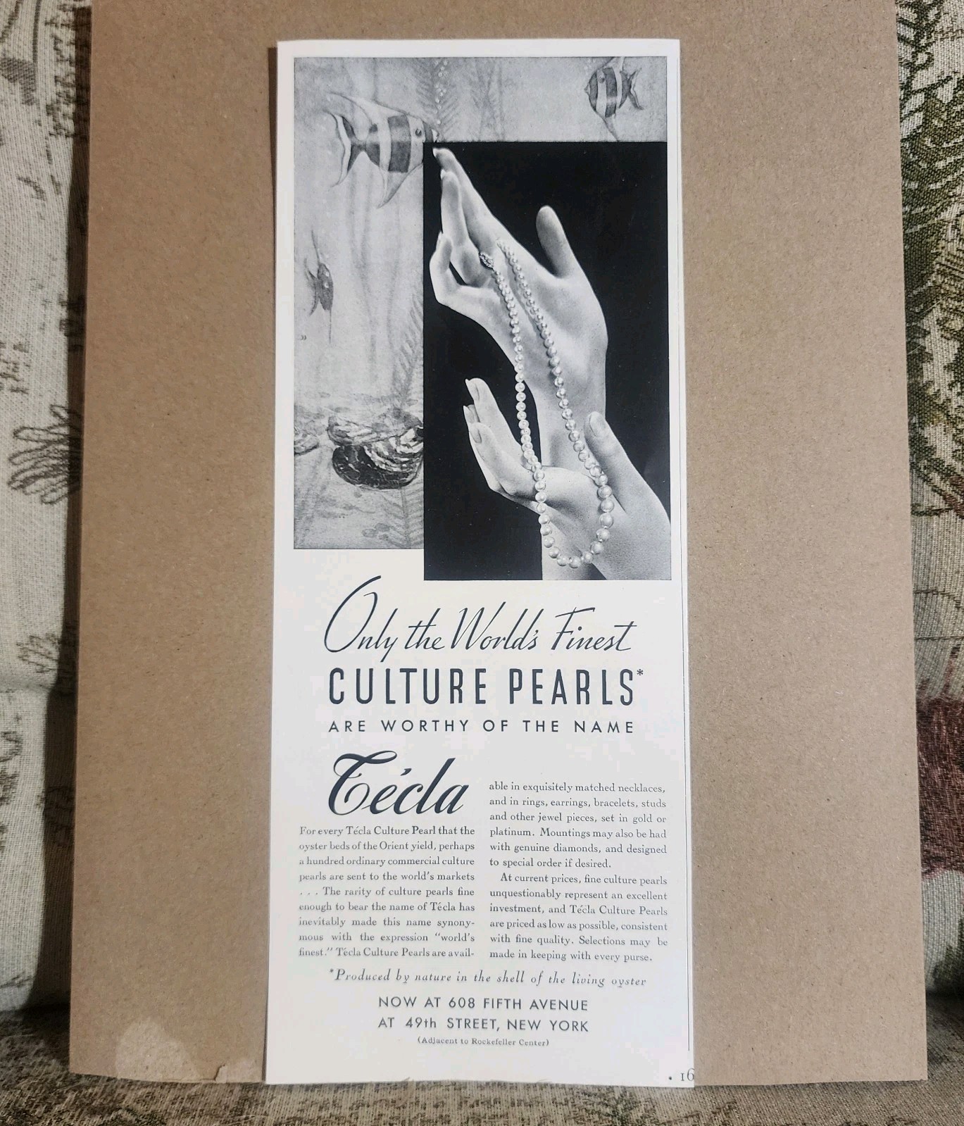 1934 Tecla Culture Pearls Jewelry Vintage Print Ad Worlds Finest Pearls 4.75x11 