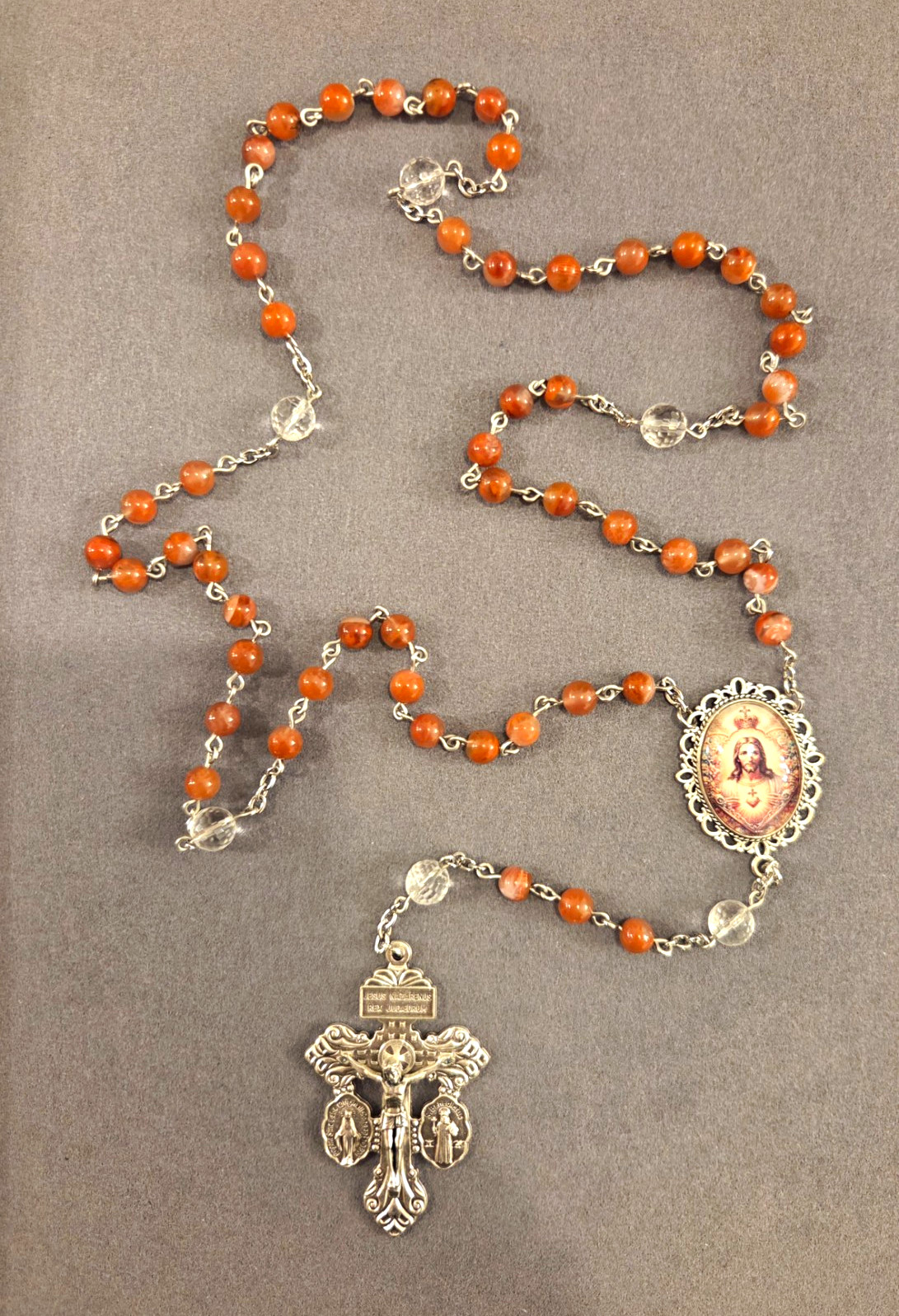 Sacred Heart Of Christ Nanhong Agate And Clear Quartz Rosary Sacred Heart Of Christ Nanhong Agate And Clear Quartz Rosary