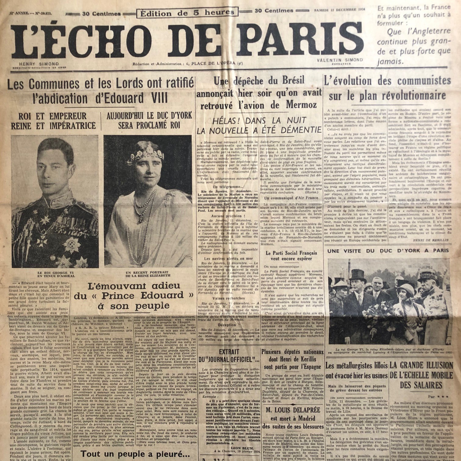 Journal L'ECHO de PARIS 12/12/1936 # Abdication Edward VIII #Disappearance MERMOZ Journal L'ECHO de PARIS 12/12/1936 # Abdication Edward VIII #Disappearance MERMOZ