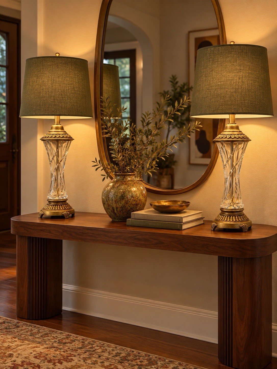 Vintage Hollywood Regency Crystal Table Lamps - Pair Heavy Cast Metal Base 1970s