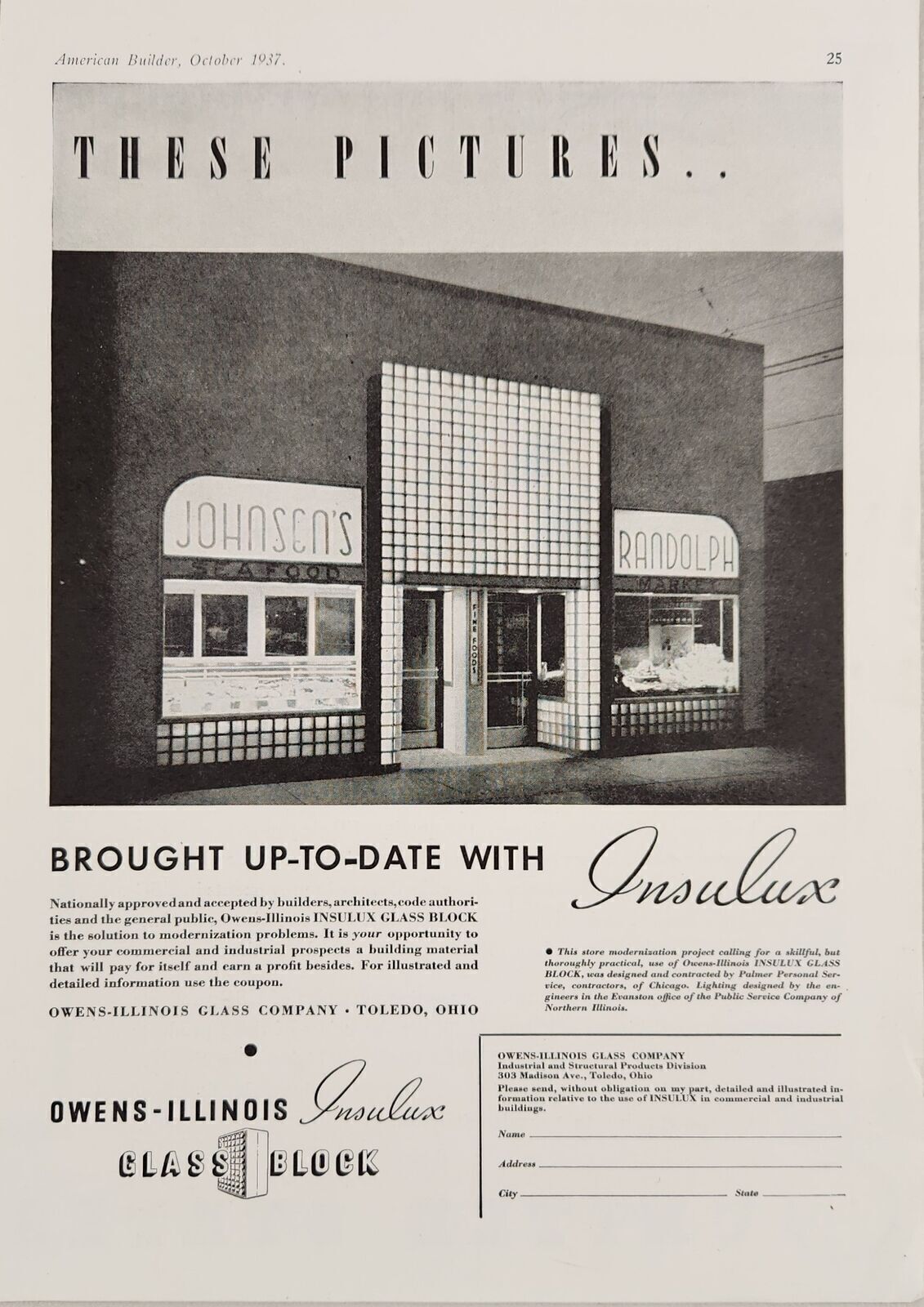 1937 Print Ad Owens-Illinois Insulux Glass Blocks Storefront Toledo,Ohio