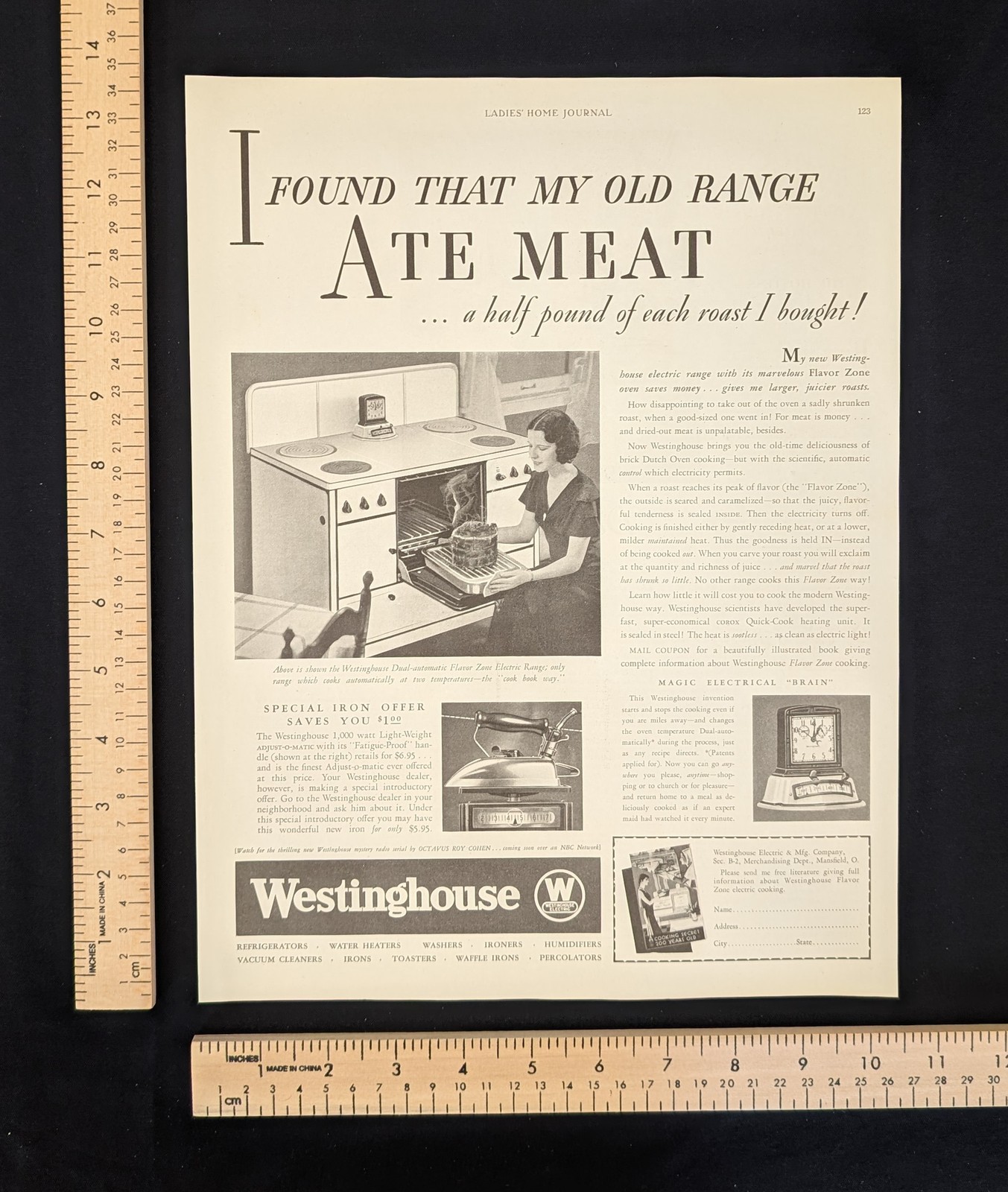 Vintage 1933 Westinghouse Flavor Zone Electric Range B&W Print Ad Full Page Home