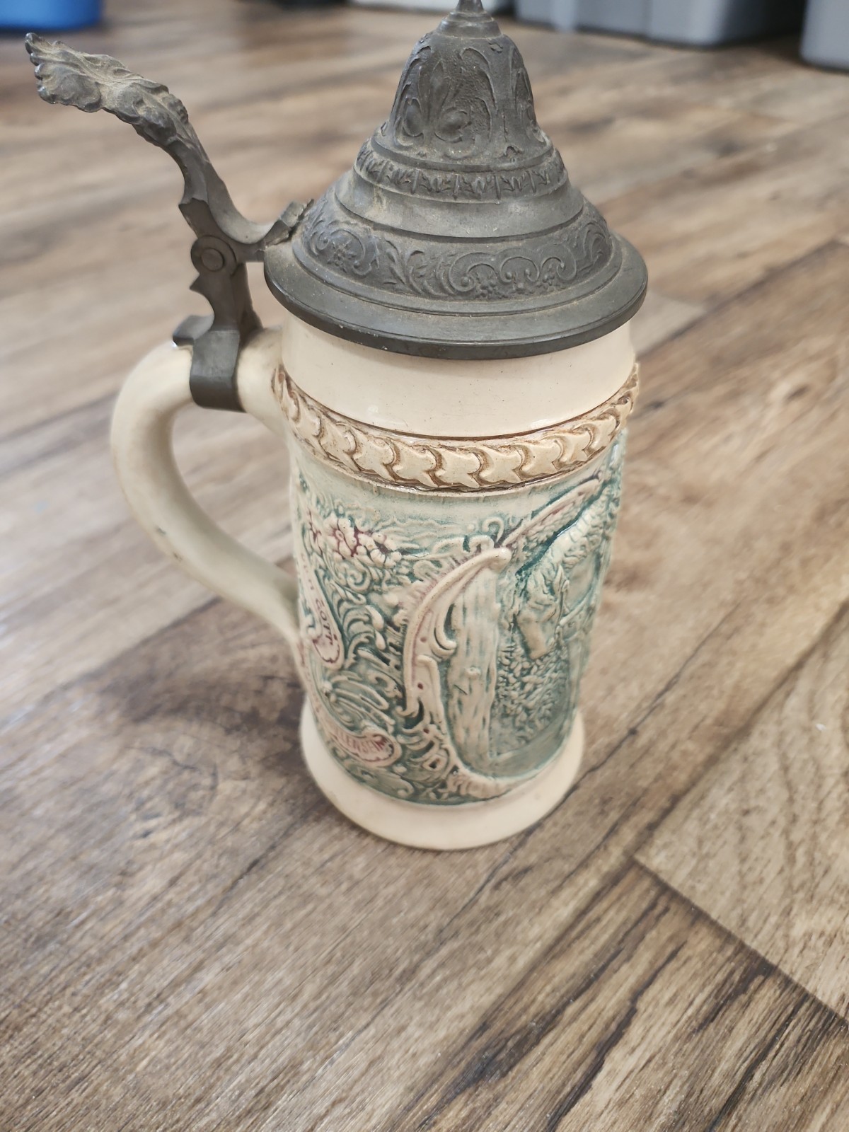 Vintage 0.5L German Beer Stein Der Trompeter von Säckingen Pewter Lid As-Is