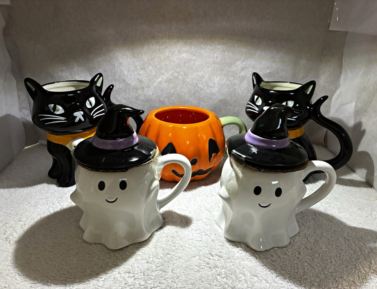5 lot Halloween Ceramic Mug Set: Ghost, Witch, Black Cat & Pumpkin, Multicolor