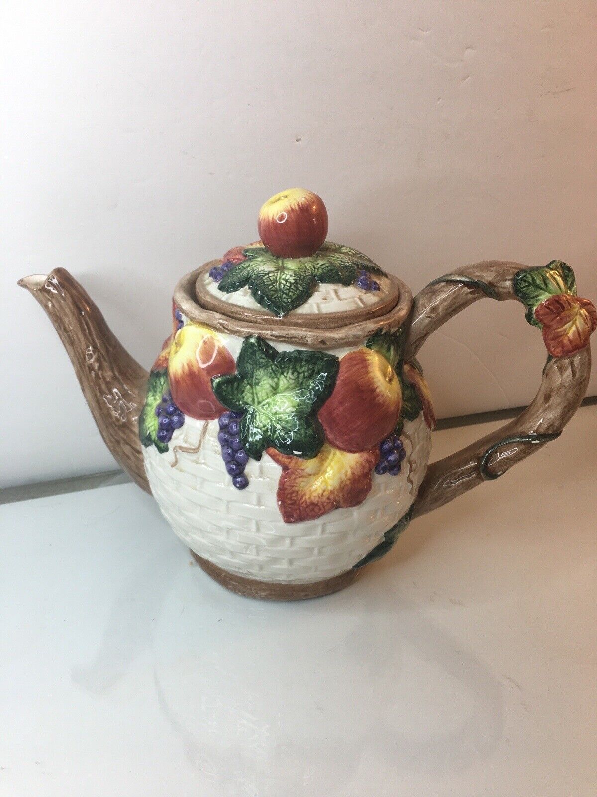 Vintage Fitz and Floyd Omnibus Fruit Apple Basket Hand Painted Teapot