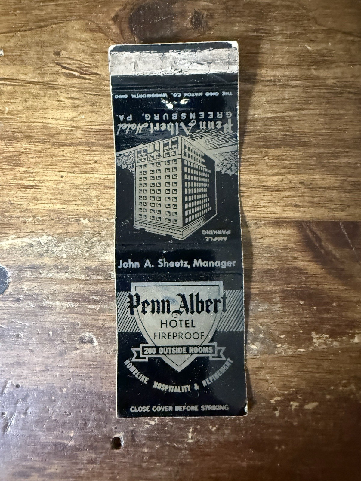 H1757 Penn Albert Hotel Greensburg Pennsylvania Vintage Matchbook Cover