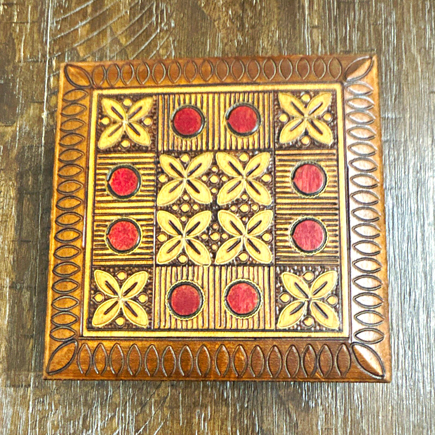 Vintage Polish Folk Art Wood Jewelry Keepsake Box Pyrography Made in Poland