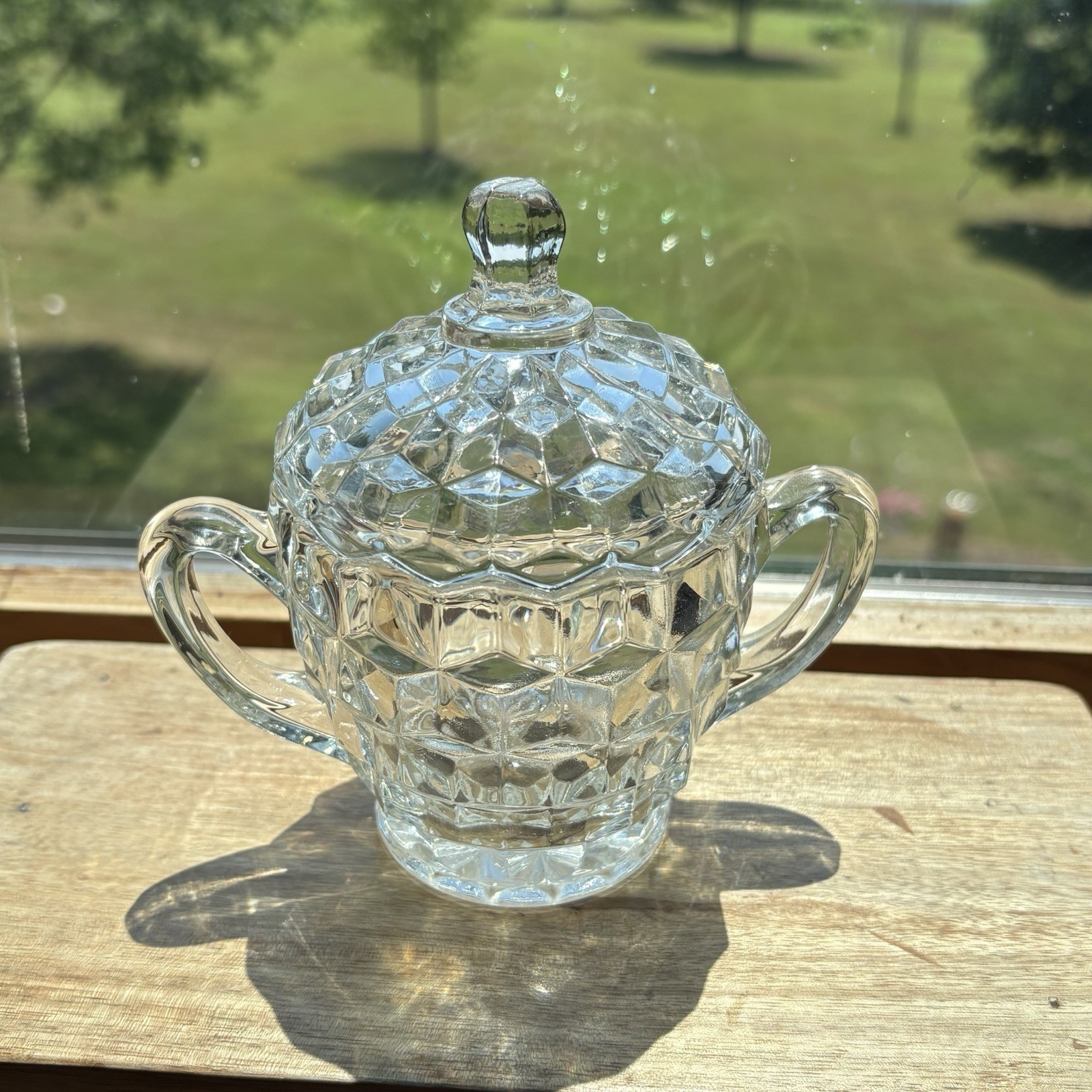 Vintage Fostoria American Clear Glass Covered Sugar Bowl Lid Double Handle