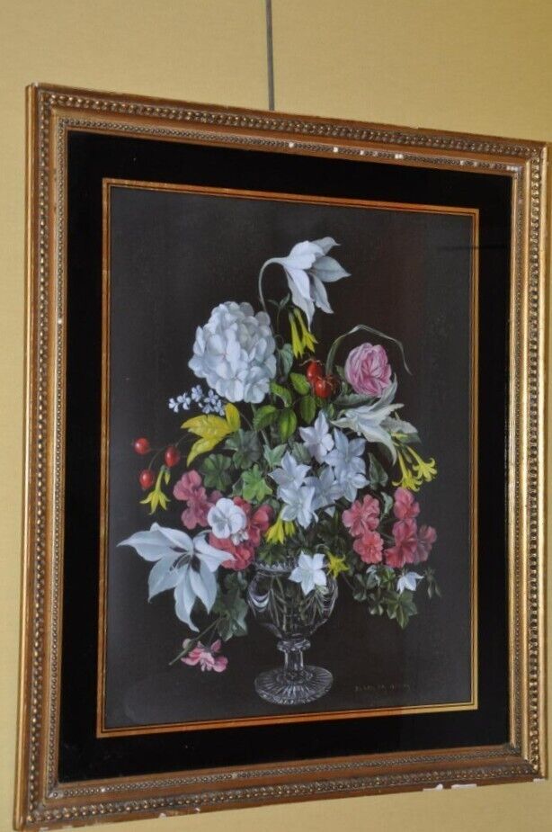Vintage Bouquet Flowers Crystal Vase Desmond Kenny Black Background Rare 20th