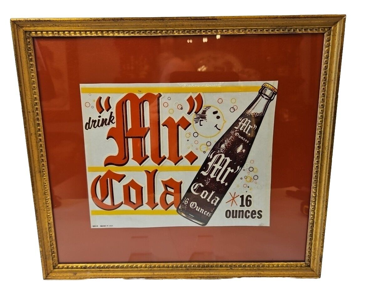 RARE 1950s MR. COLA SODA BOTTLE SIGN WINDOW DECAL SODA ADVERTISING FRAMED 15x13