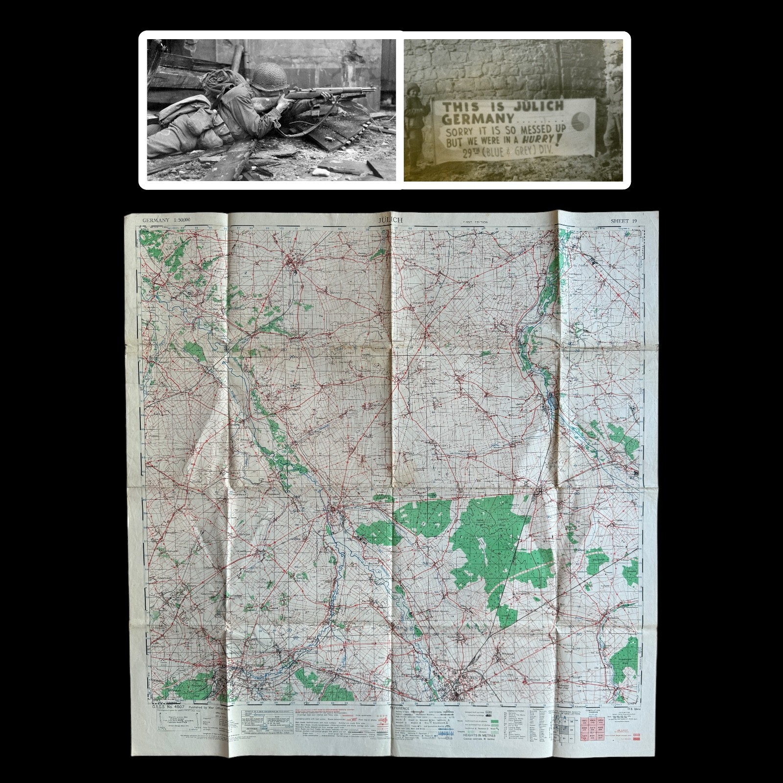 RARE WWII 1944 Jülich 29th Infantry Division Crossing of the Ruhr River Map