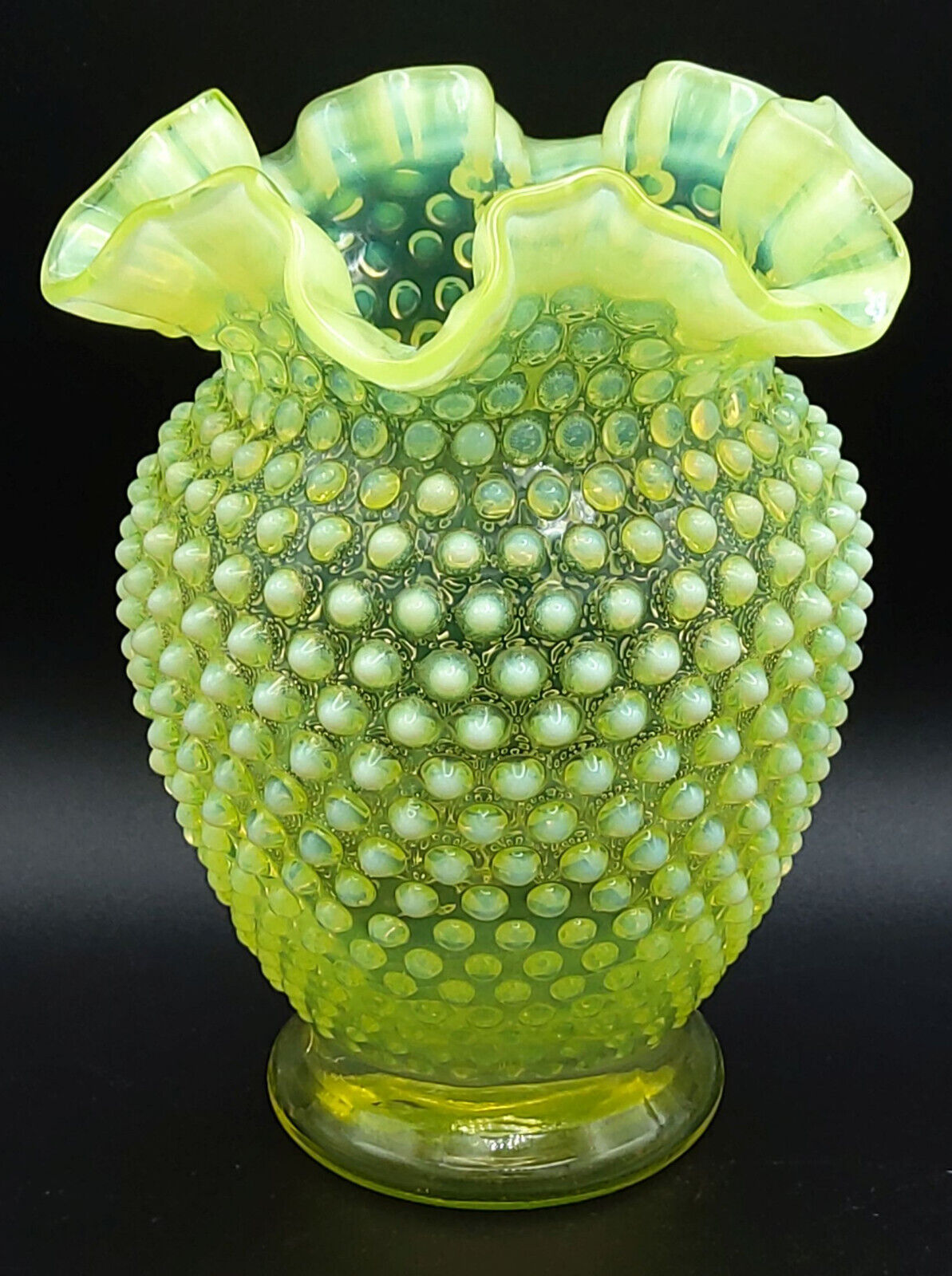 Fenton Opalescent Vaseline Glass Hobnail Vase