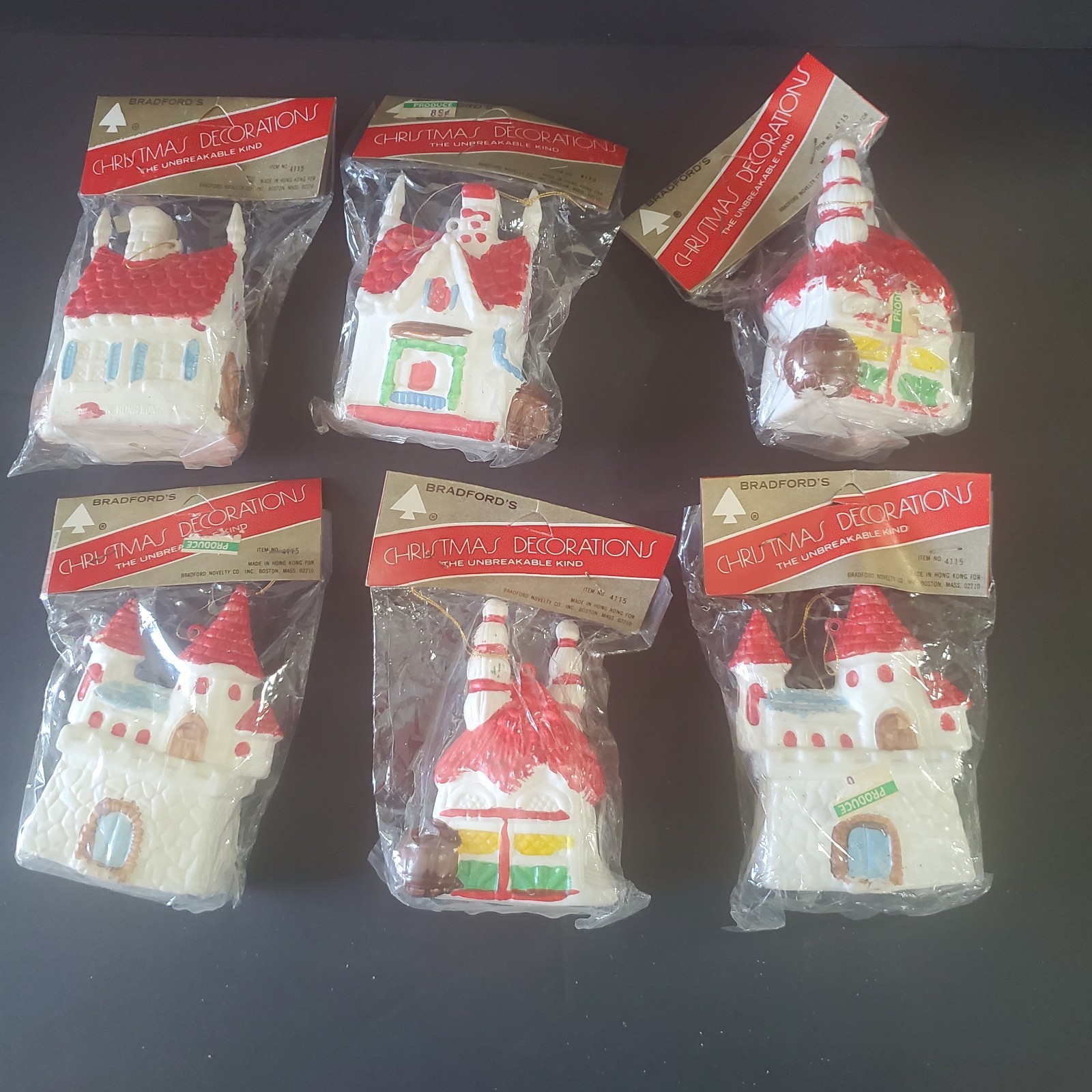 Vintage Bradford's 6 Plastic Christmas Kitsch Cottages Church Ornaments NOS
