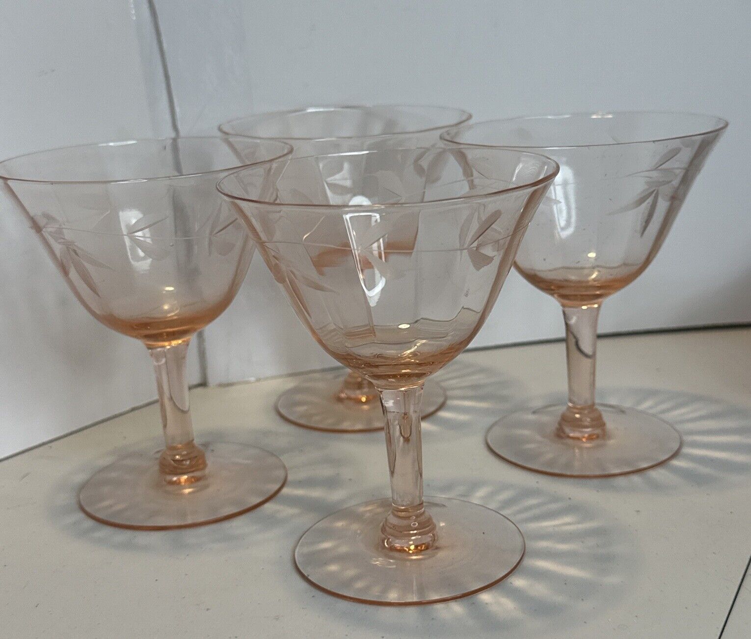 4 Vintage Pink Elegant Depression Etched Optic Wine Champagne Martini Glass 4.5”