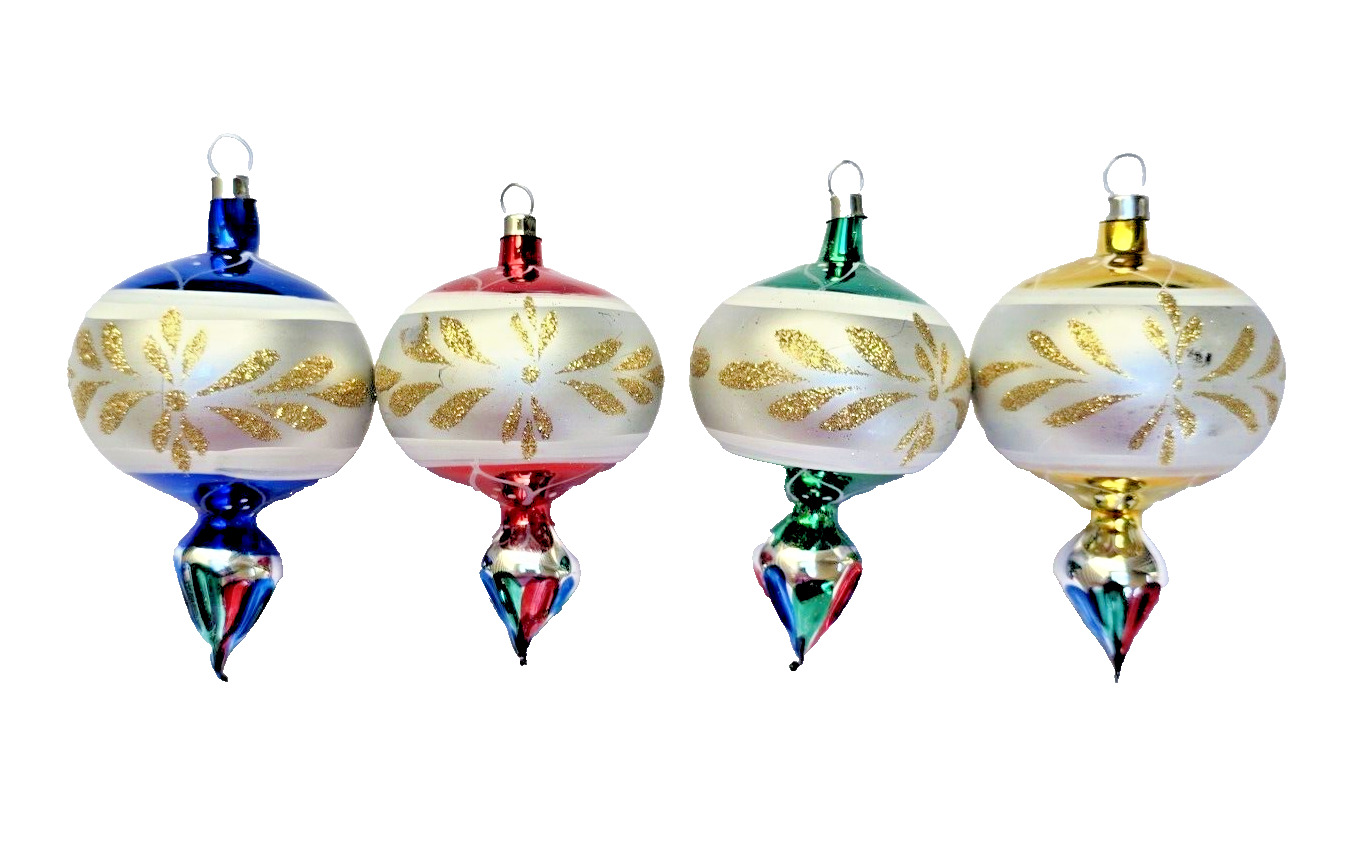 Vtg 4 Bradford Top Finial Christmas Ornaments Multicolor Blown Glass Glitter