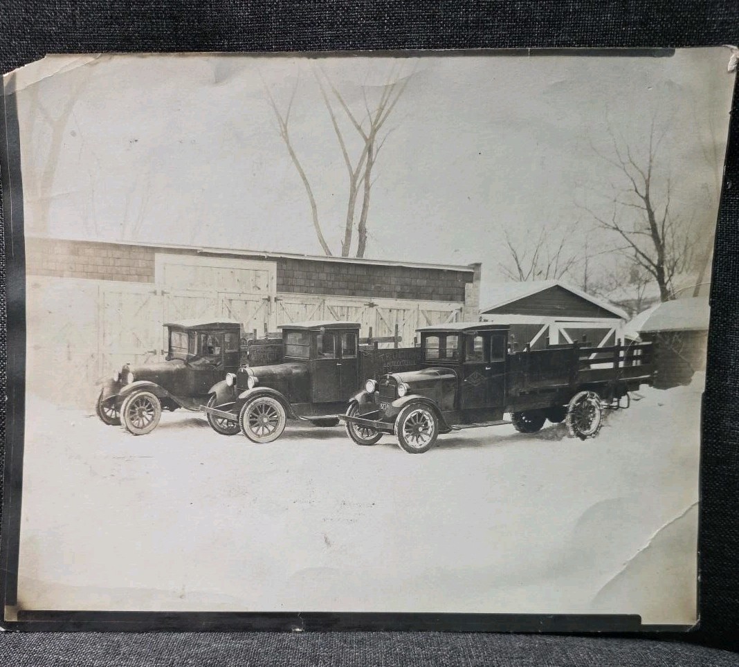 Antique 1920s 8x10 Trucking Company Fleet Photo 3 Vintage Delivery Trucks Snow