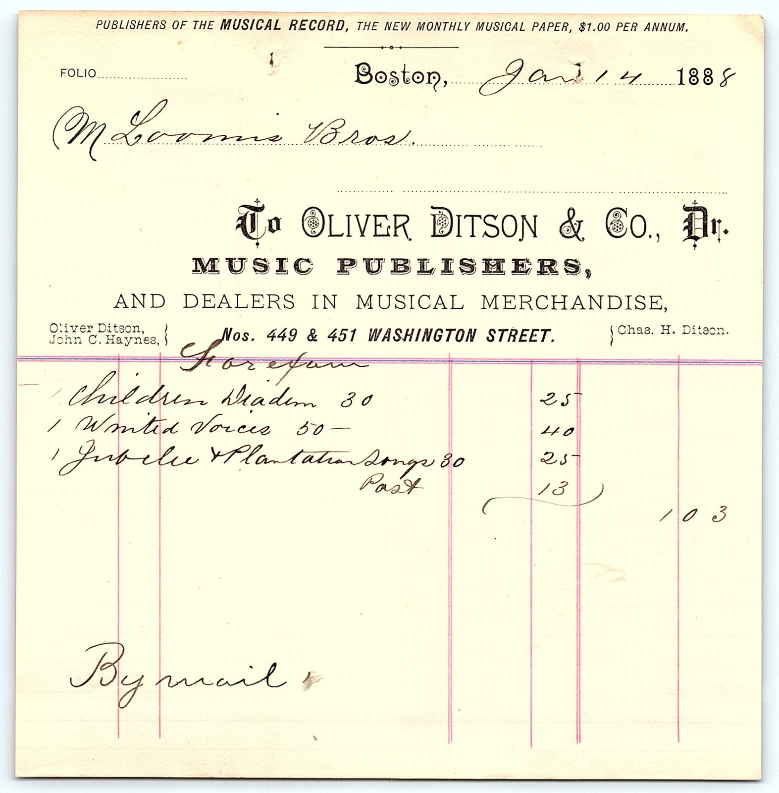 1888 Oliver Ditson & Co. music billhead, Boston