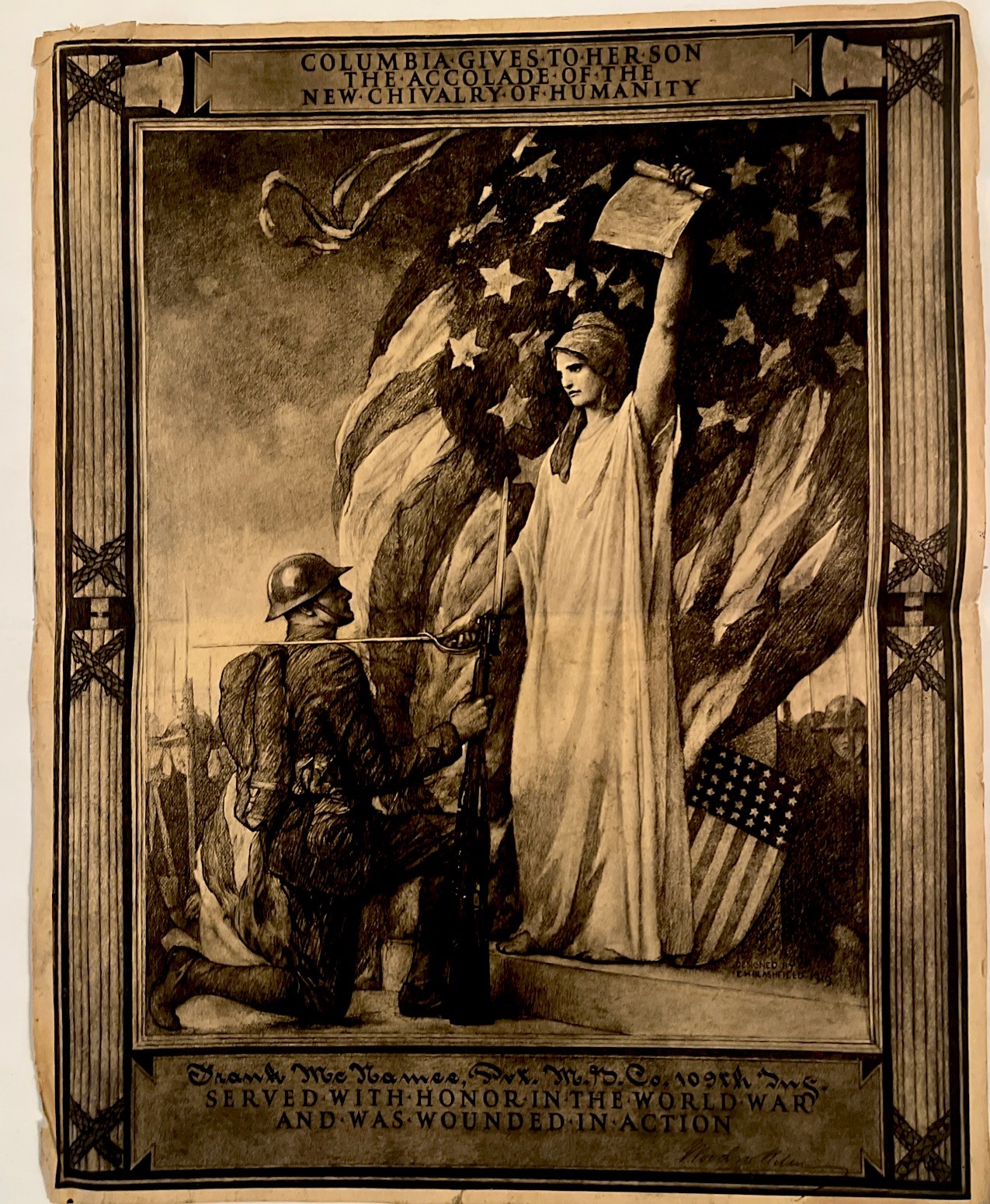 WWI Columbia Gives to Her Son Wounded in Action Certificate Penn 109th McNamee