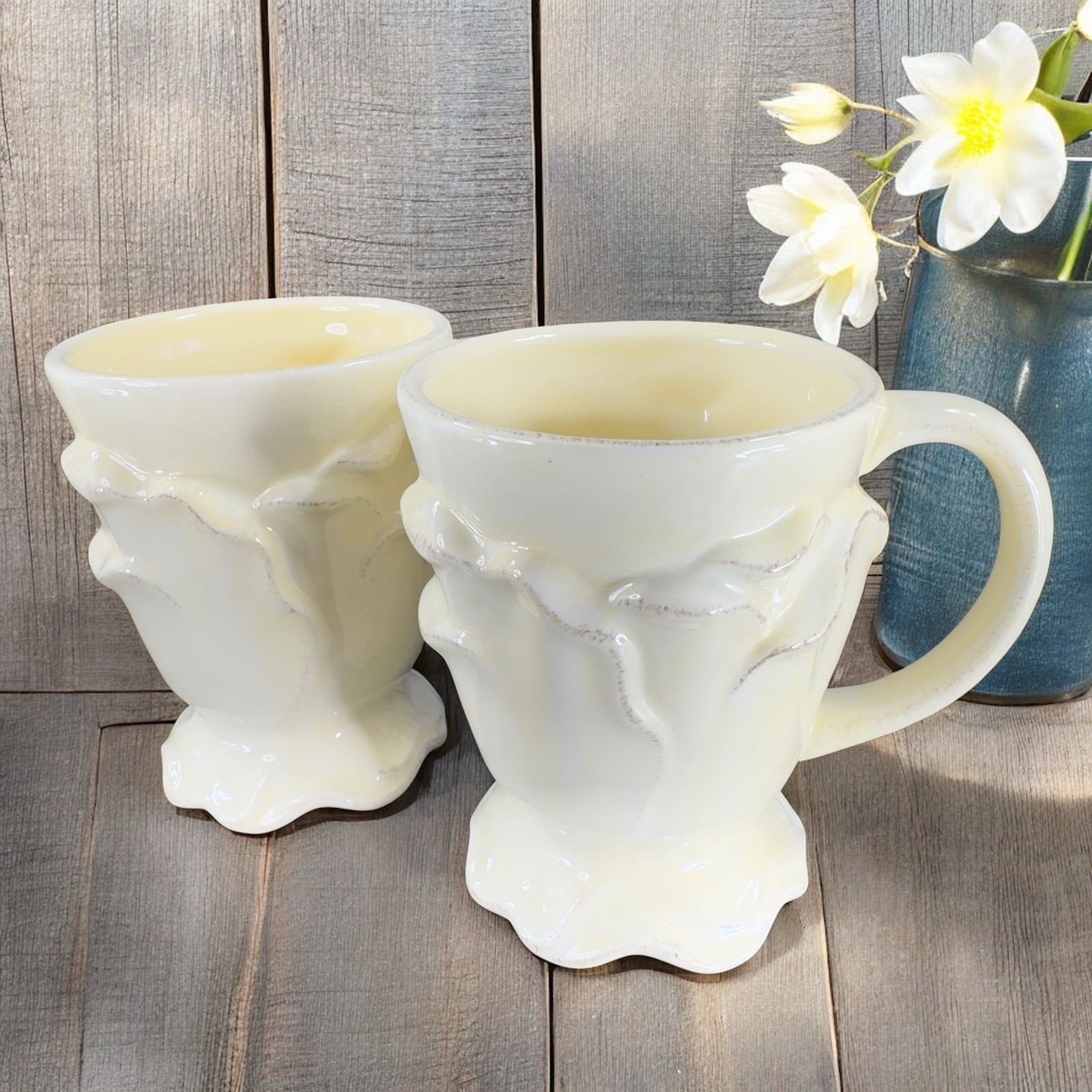 Roscher Flower Antique Butter Yellow Coffee Mug Cup Flower Shape Set 2 Mugs Cups