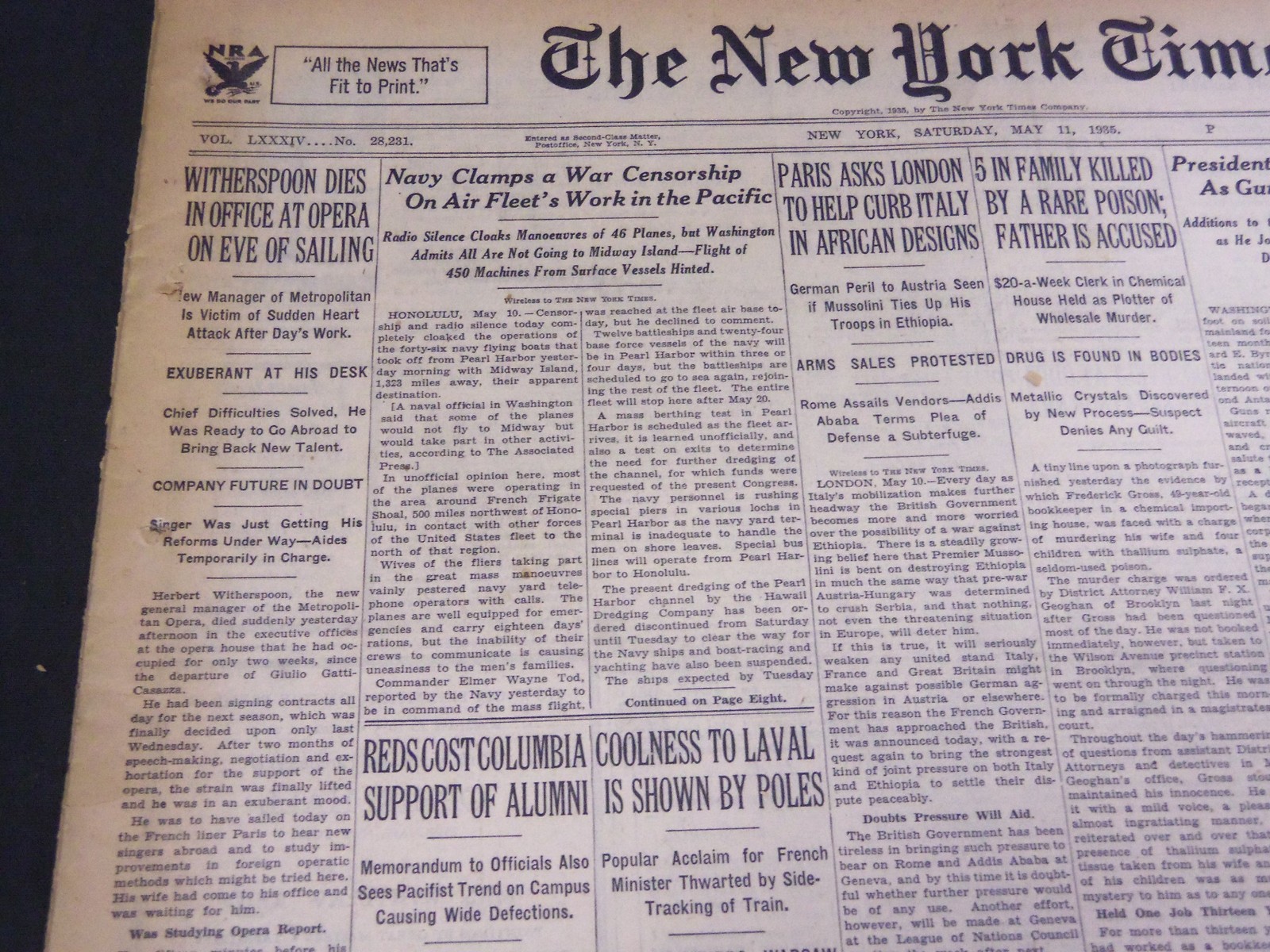 1935 MAY 11 NEW YORK TIMES - WITHERSPOON DIES IN OFFICE AT OPERA - NT 4844 1935 MAY 11 NEW YORK TIMES - WITHERSPOON DIES IN OFFICE AT OPERA - NT 4844