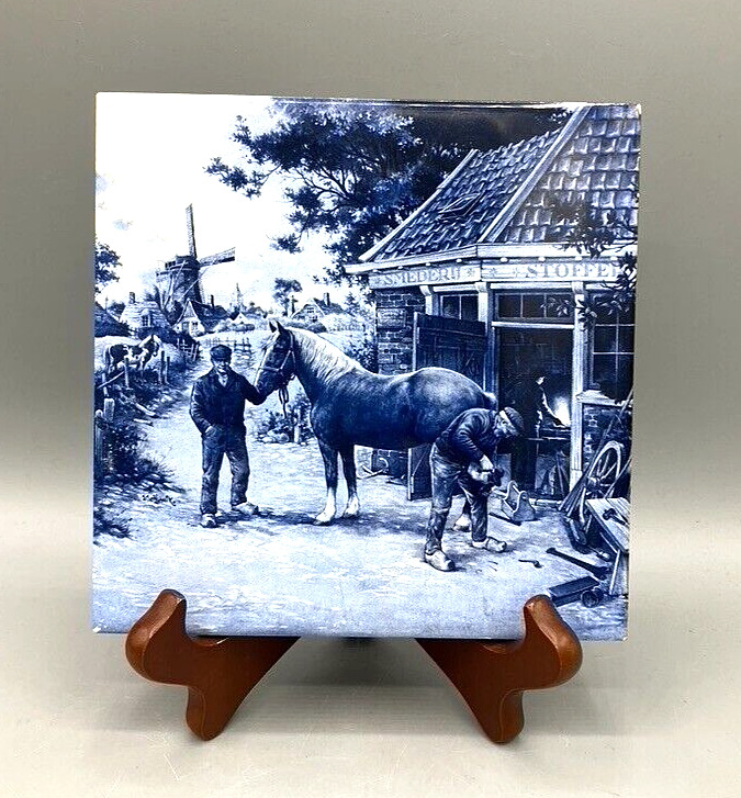 Vintage MOSA Holland Blue & White Ceramic Tile Horse Shoeing Scene