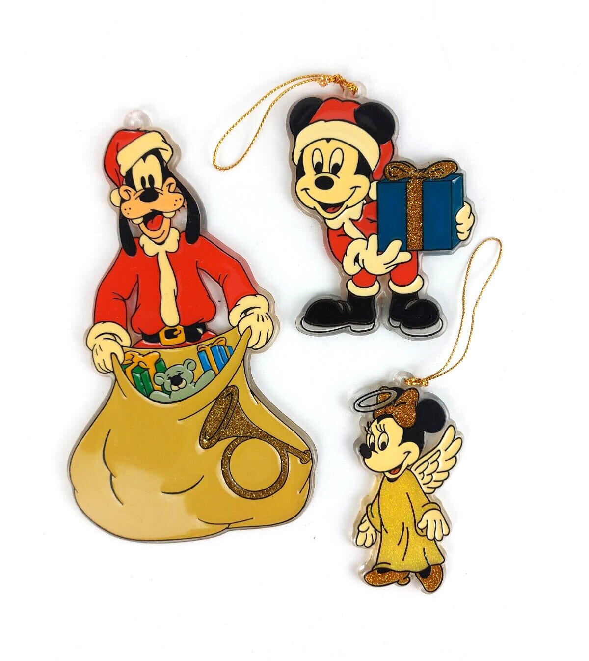 Vintage Disney Acrylic Plastic Christmas Ornaments Mickey Minnie Mouse Goofy 3pc
