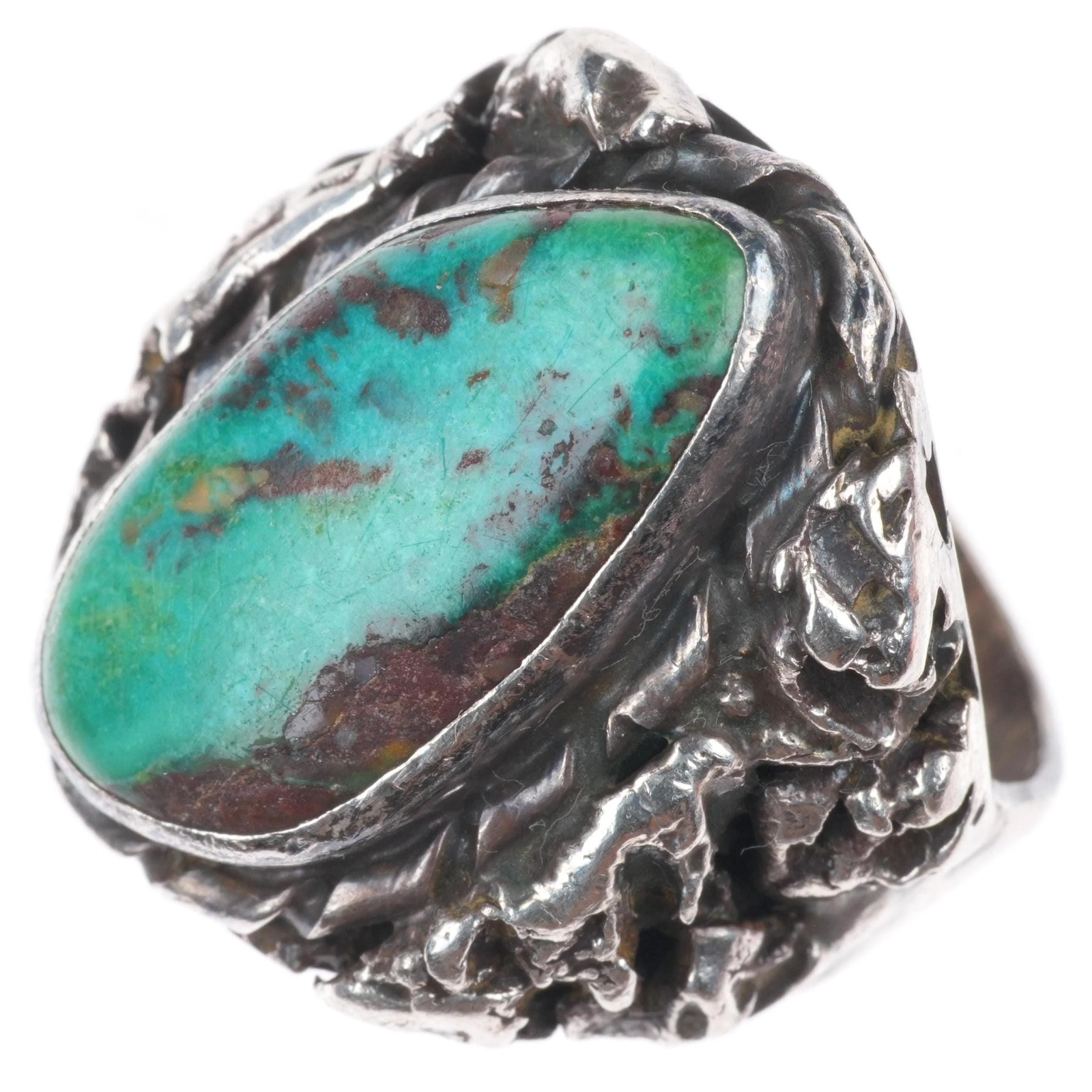 sz11.5 vintage Navajo sterling silver brutalist high grade turquoise men's ring sz11.5 vintage Navajo sterling silver brutalist high grade turquoise men's ring