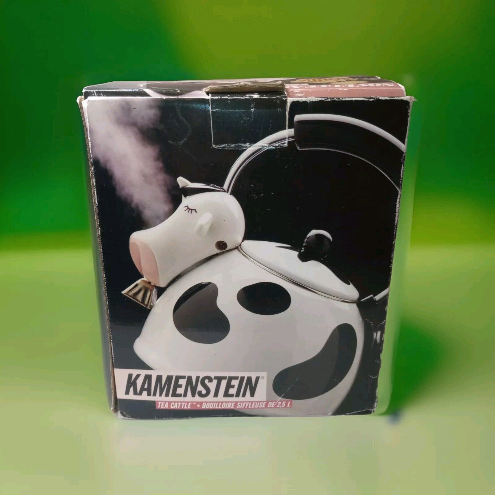 M. Kamenstein Black White Cow Whistling Tea Kettle 2.5 qt Vintage 1992 w/ Box