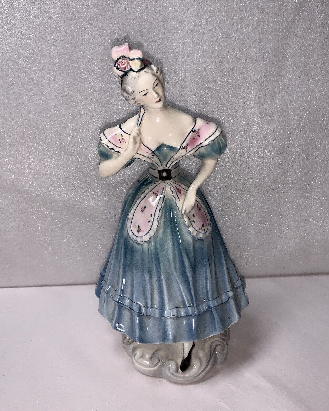 Vintage Goldscheider USA Figurine Tall Victorian Lady Blue Dress Hat Fan 1940