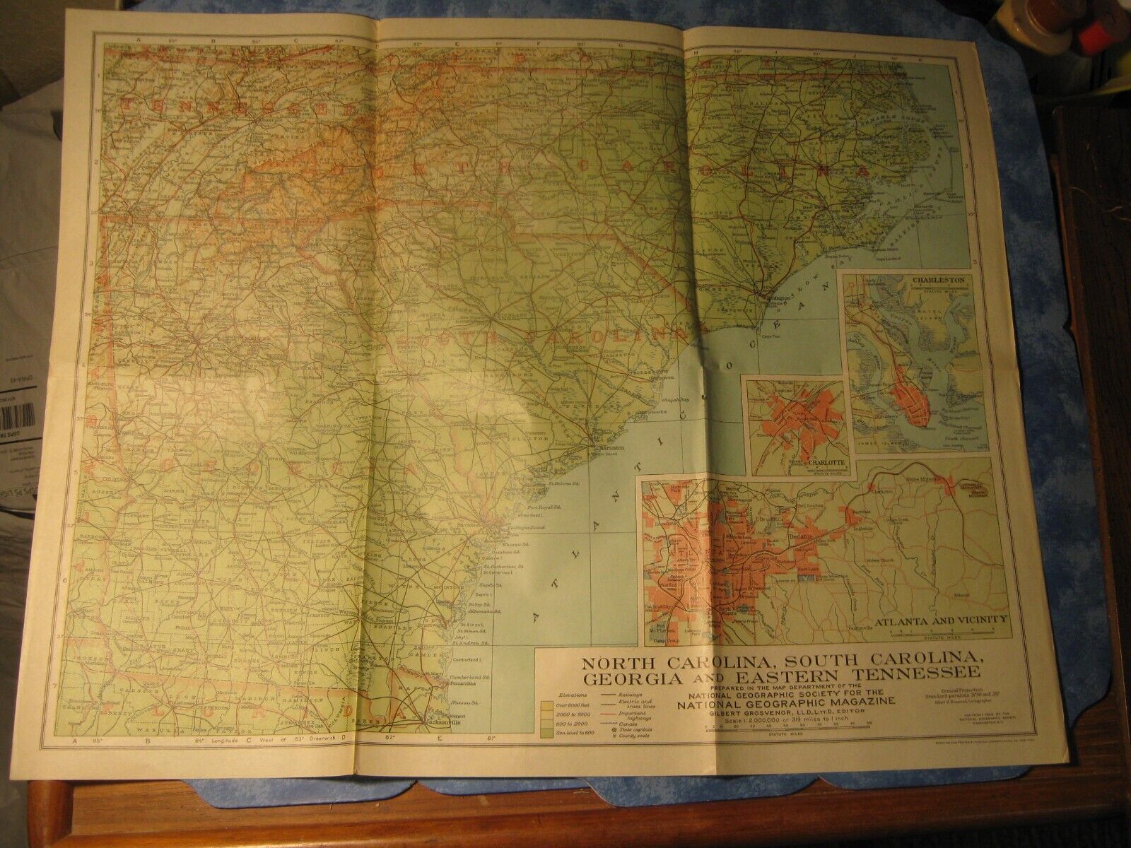 NORTH/SOUTH CAROLINA, GEORGIA AND EASTERN TENNESSEE MAP National Geographic 1926