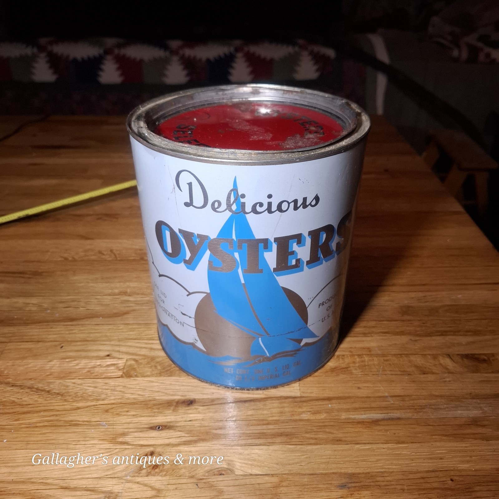 Vintage Delicious Oysters Brand 1 Gallon Tin Can Clean with lid Vintage Delicious Oysters Brand 1 Gallon Tin Can Clean with lid