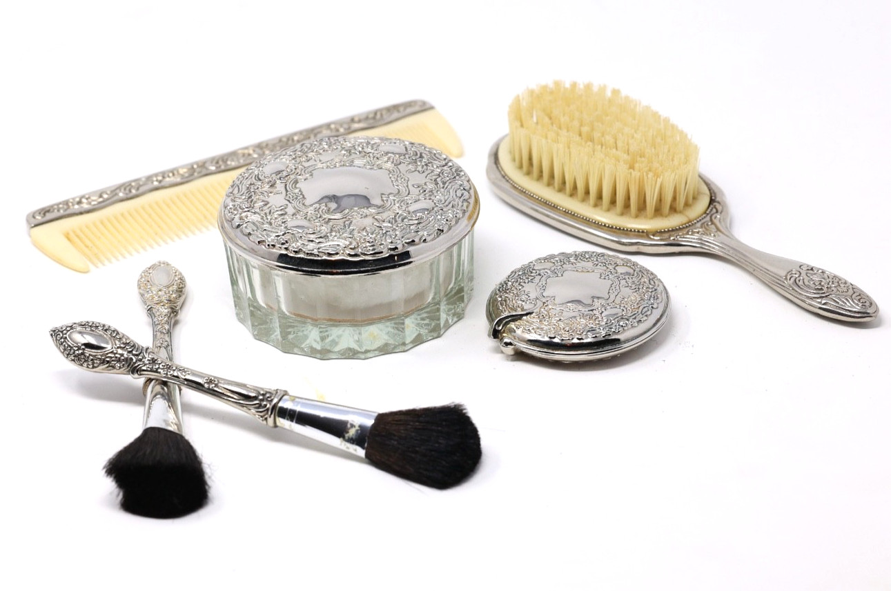 Vintage Ornate Silver-Plated Vanity Set - 6-Piece Dresser Set with Hairbrush