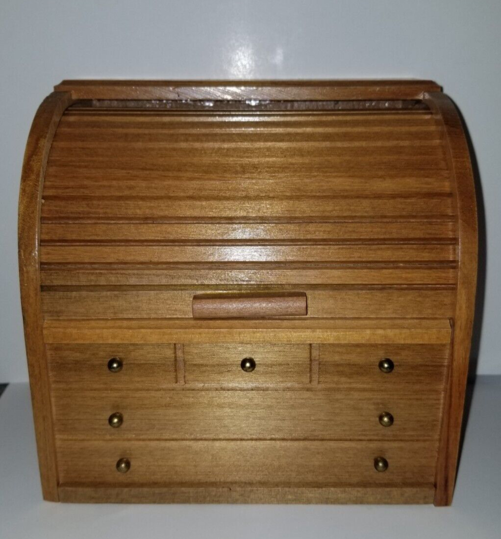 Vtg INTERPEUR Mini Roll Top Desk Wooden Recipe Box  Cards Trinket Box